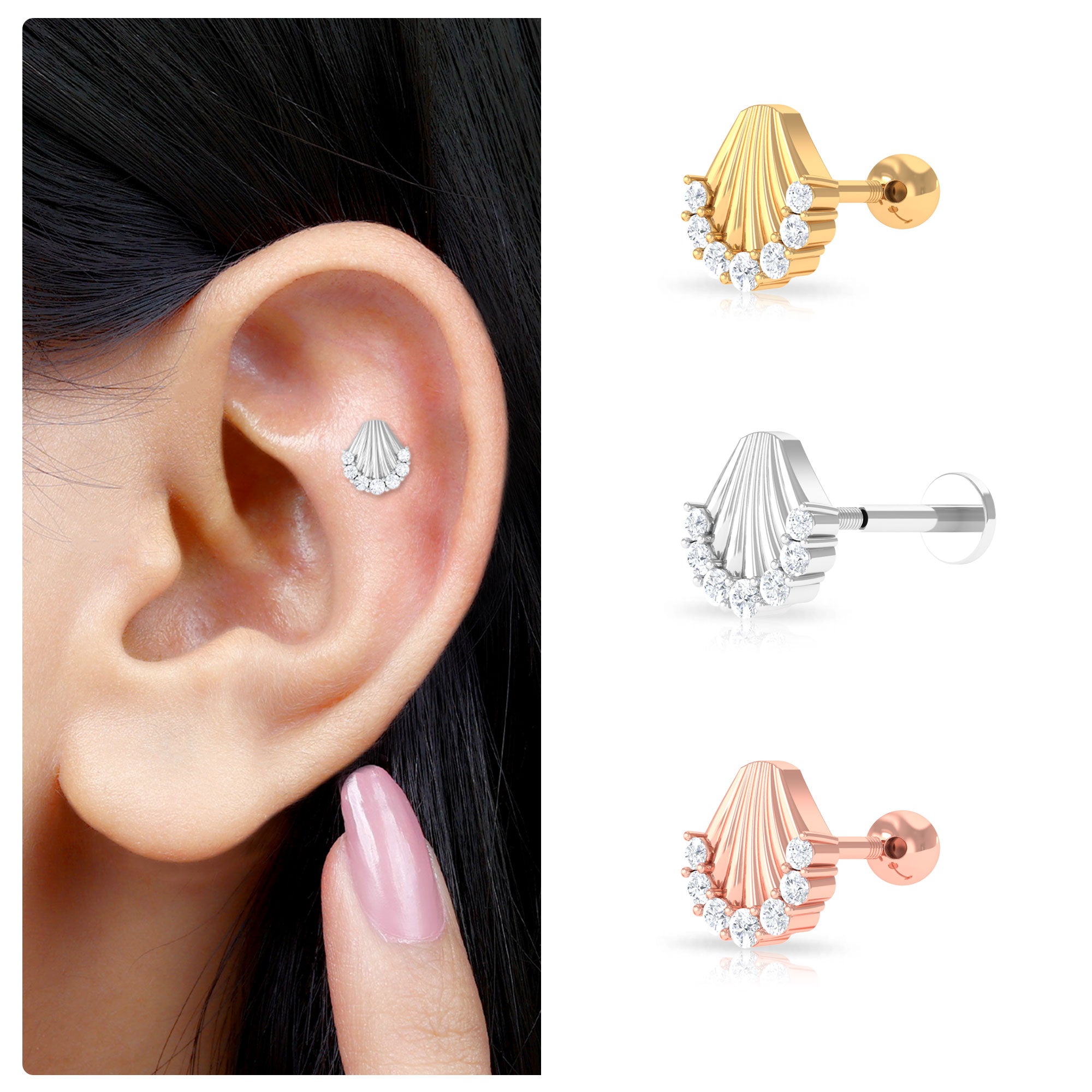 Rosec Jewels-Moissanite Sea Shell Cartilage Earring in Gold