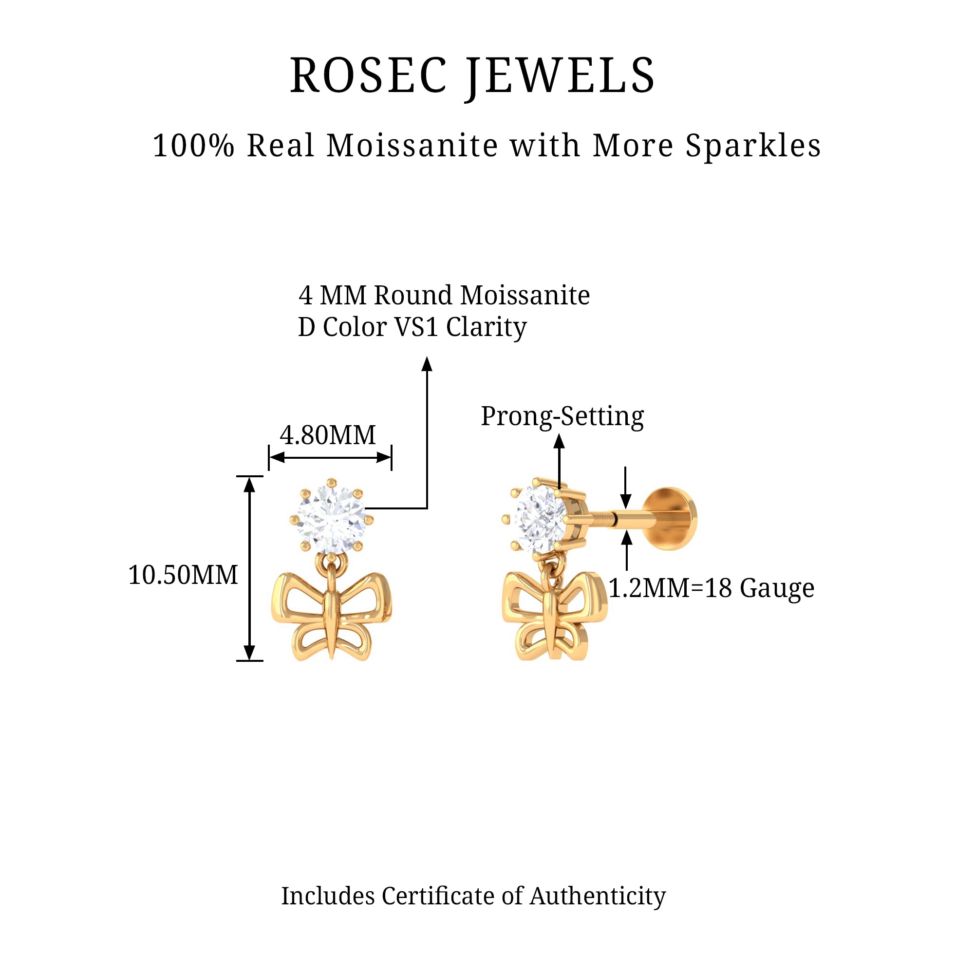 Rosec Jewels-Round Moissanite Butterfly Drop Earring for Cartilage Piercing