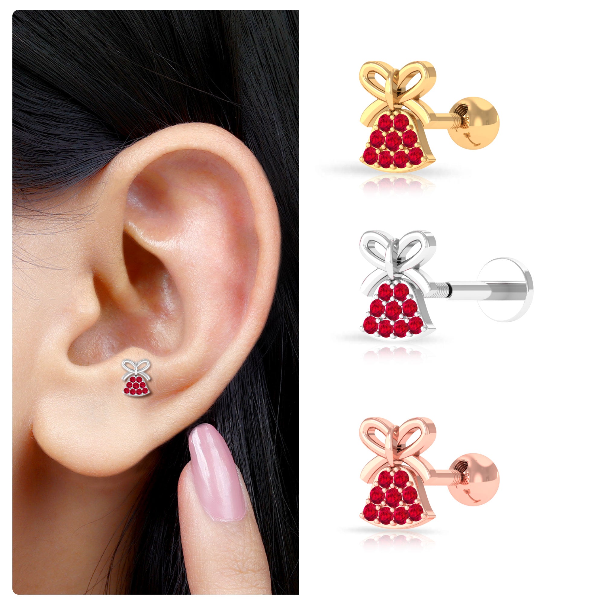 Rosec Jewels-Created Ruby Christmas Jingle Bell and Bow Cartilage Earring