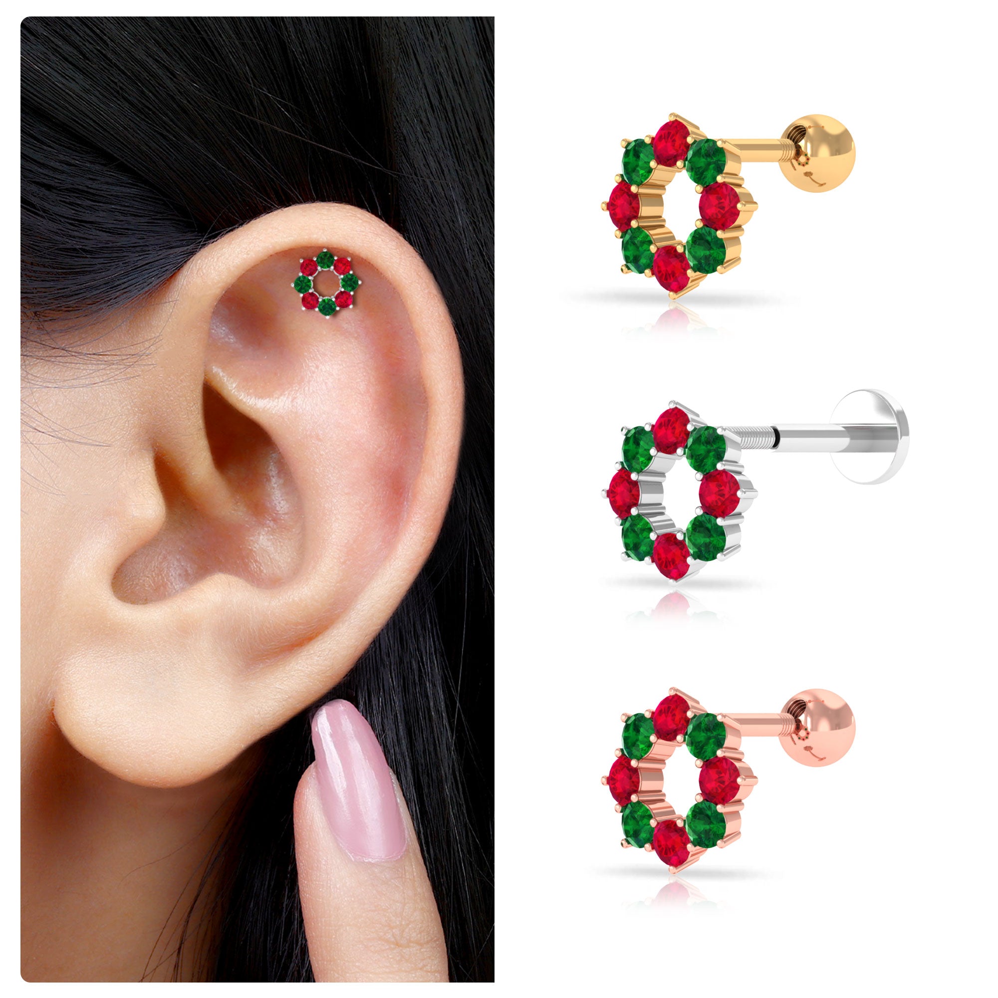 Rosec Jewels-Created Ruby and Created Emerald Christmas Earring