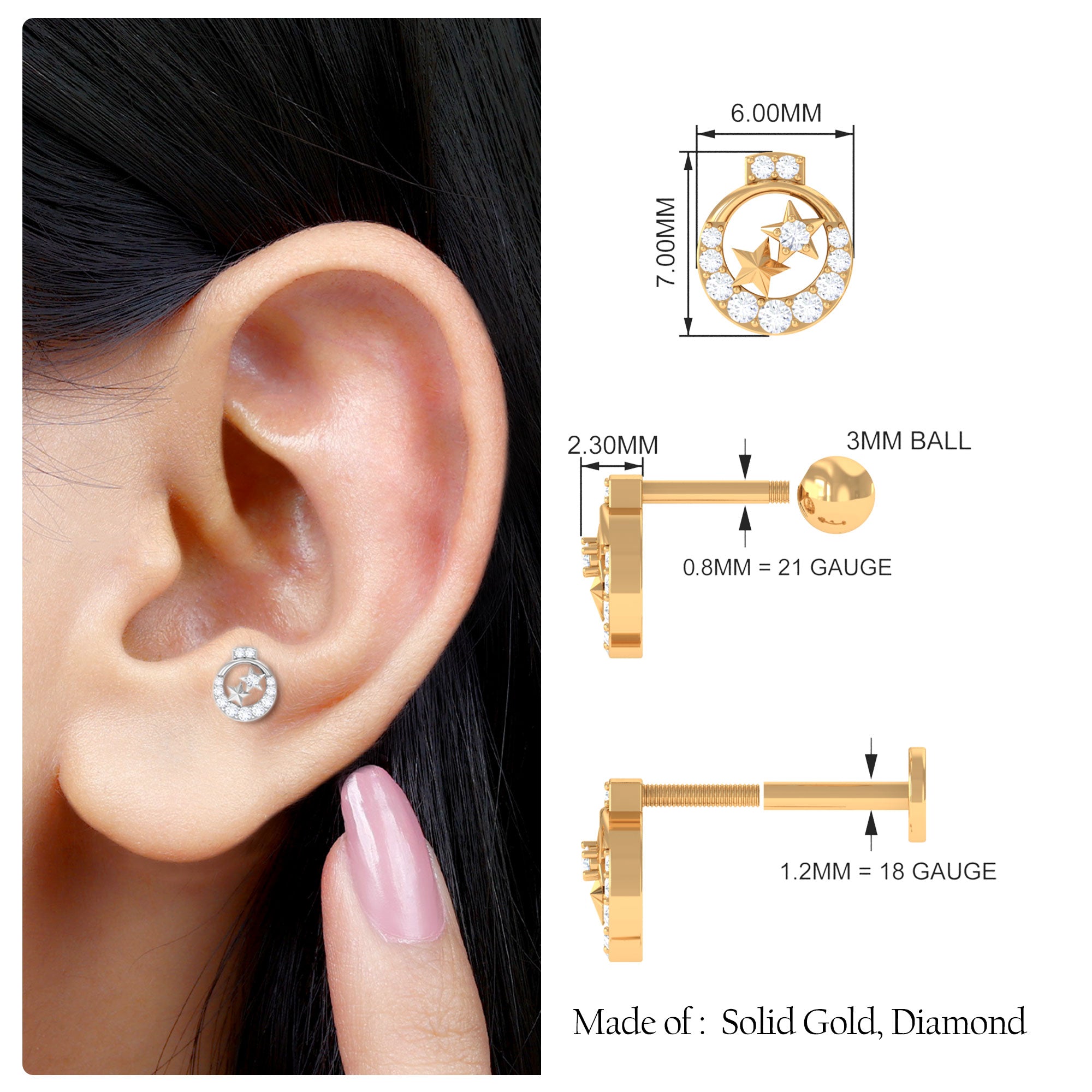 Rosec Jewels-Unique Diamond Gold Star Cartilage Earring