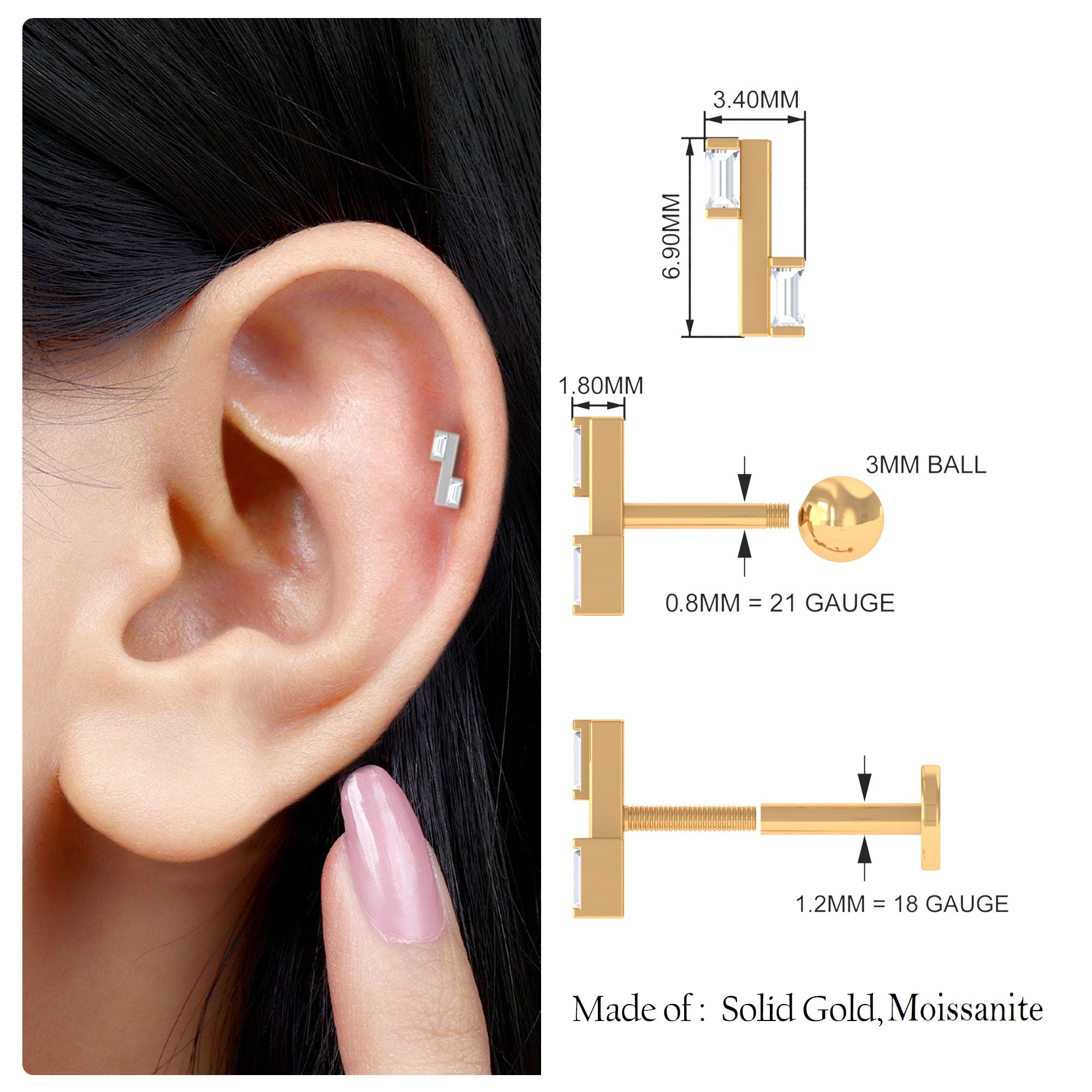 Rosec Jewels-Baguette Cut Moissanite Gold Bar Tragus Earring