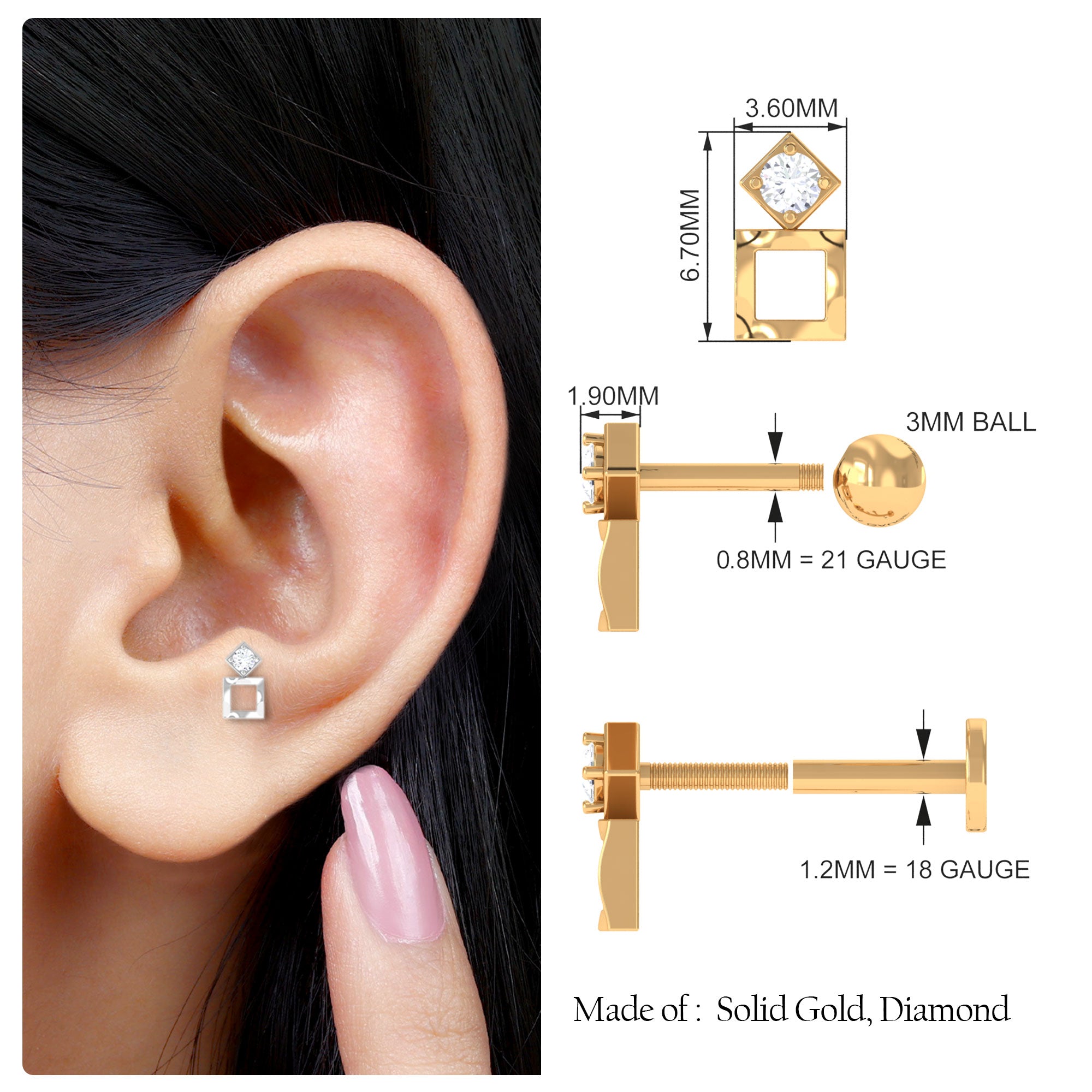 Rosec Jewels-Dainty Round Diamond Square Tragus Earring