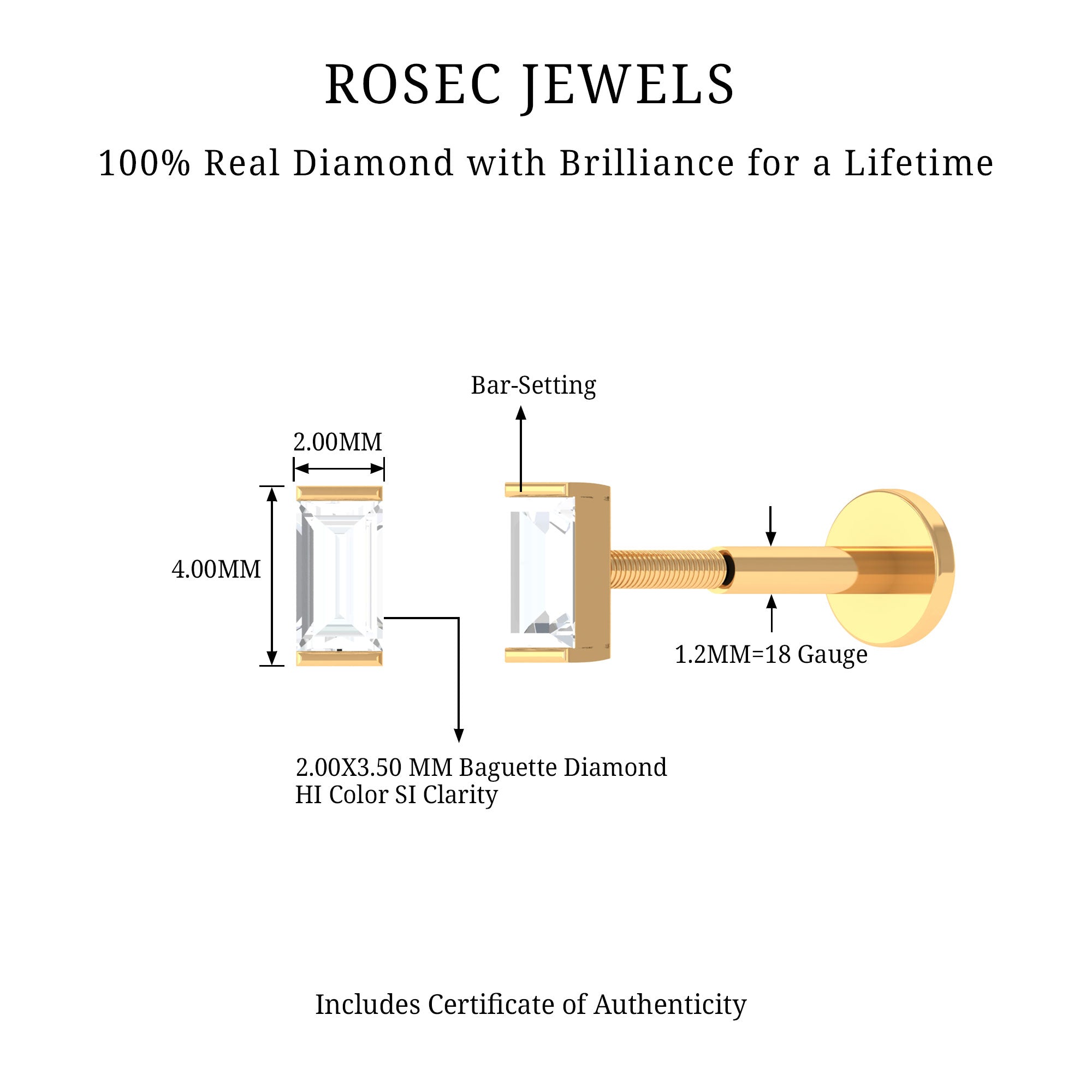 Rosec Jewels-Solitaire Baguette Diamond Earring for Tragus Piercing