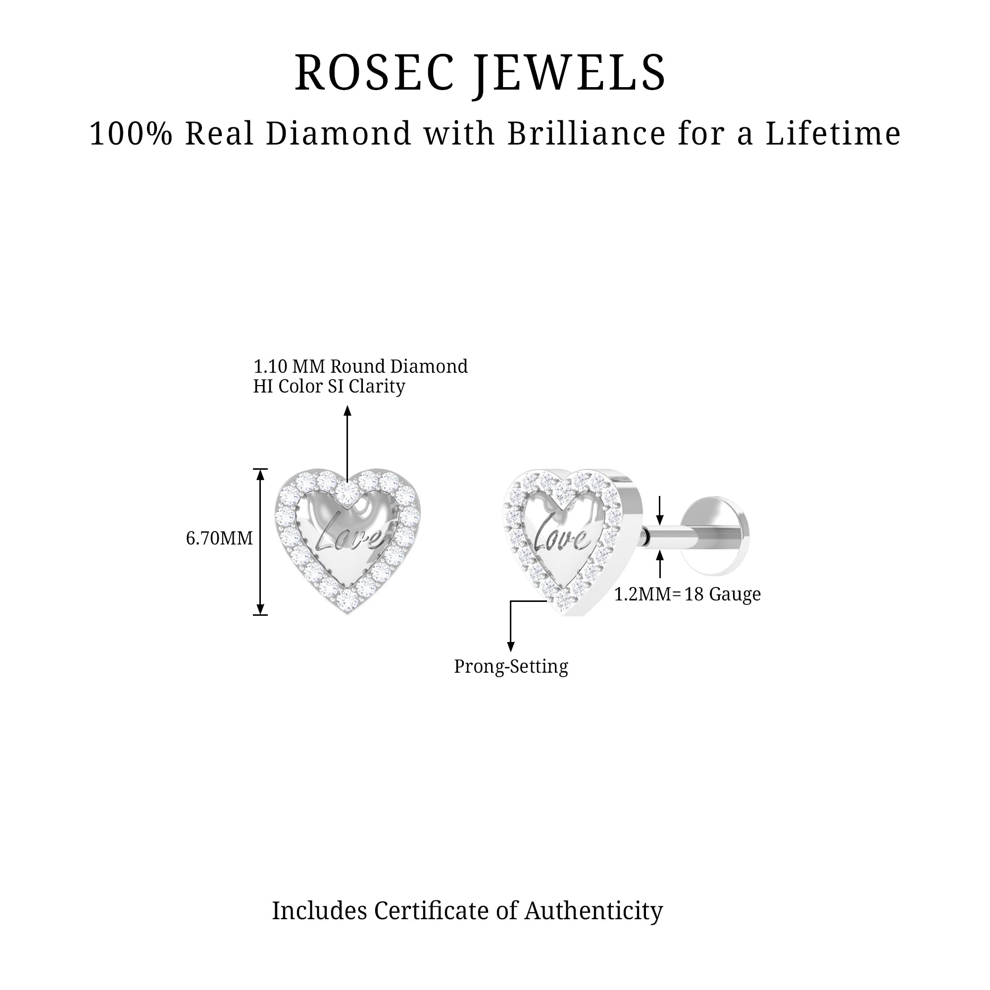 Rosec Jewels-Cute Diamond Love Heart Earring for Helix Piercing