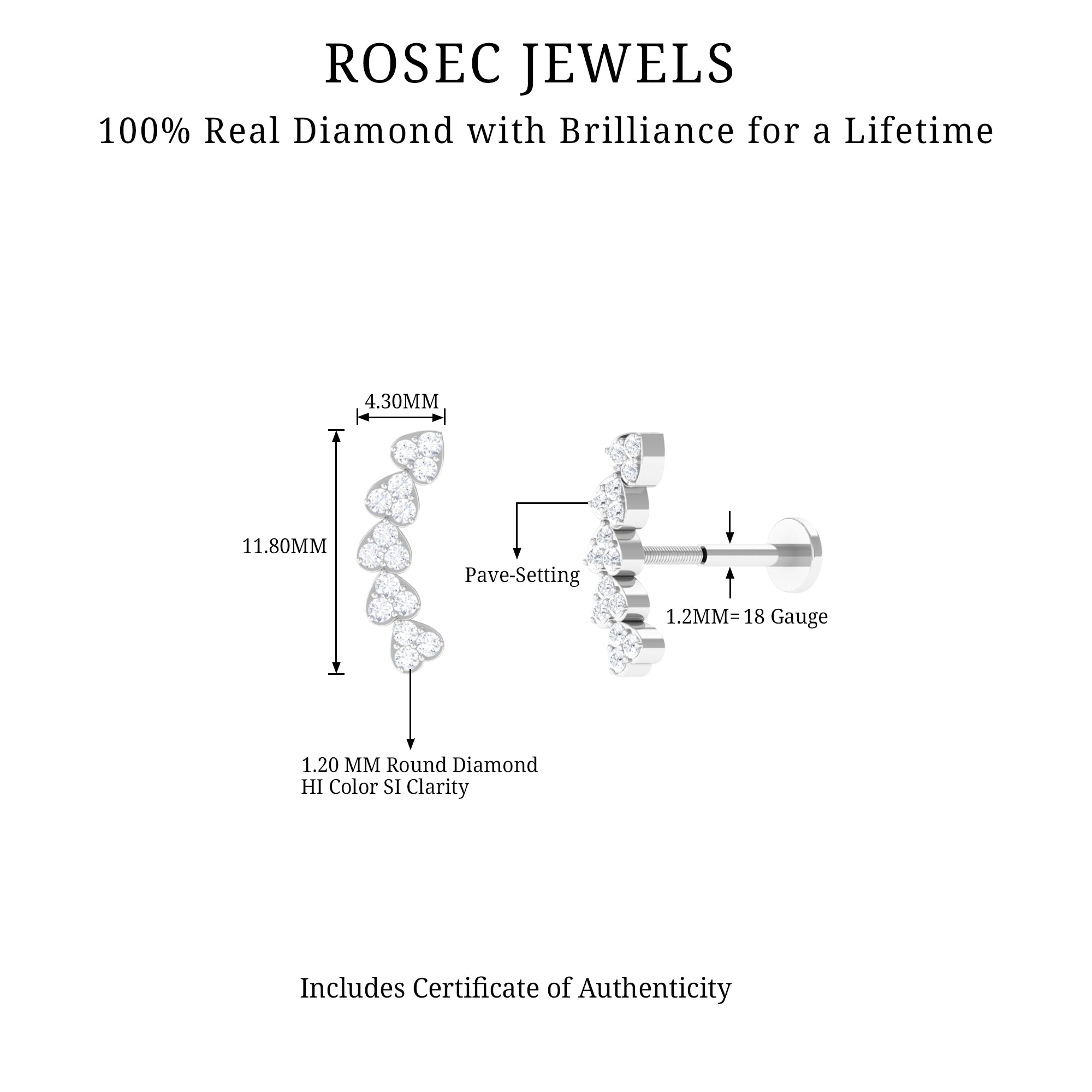 Rosec Jewels-Real Diamond Heart Crawler Earring for Helix Piercing