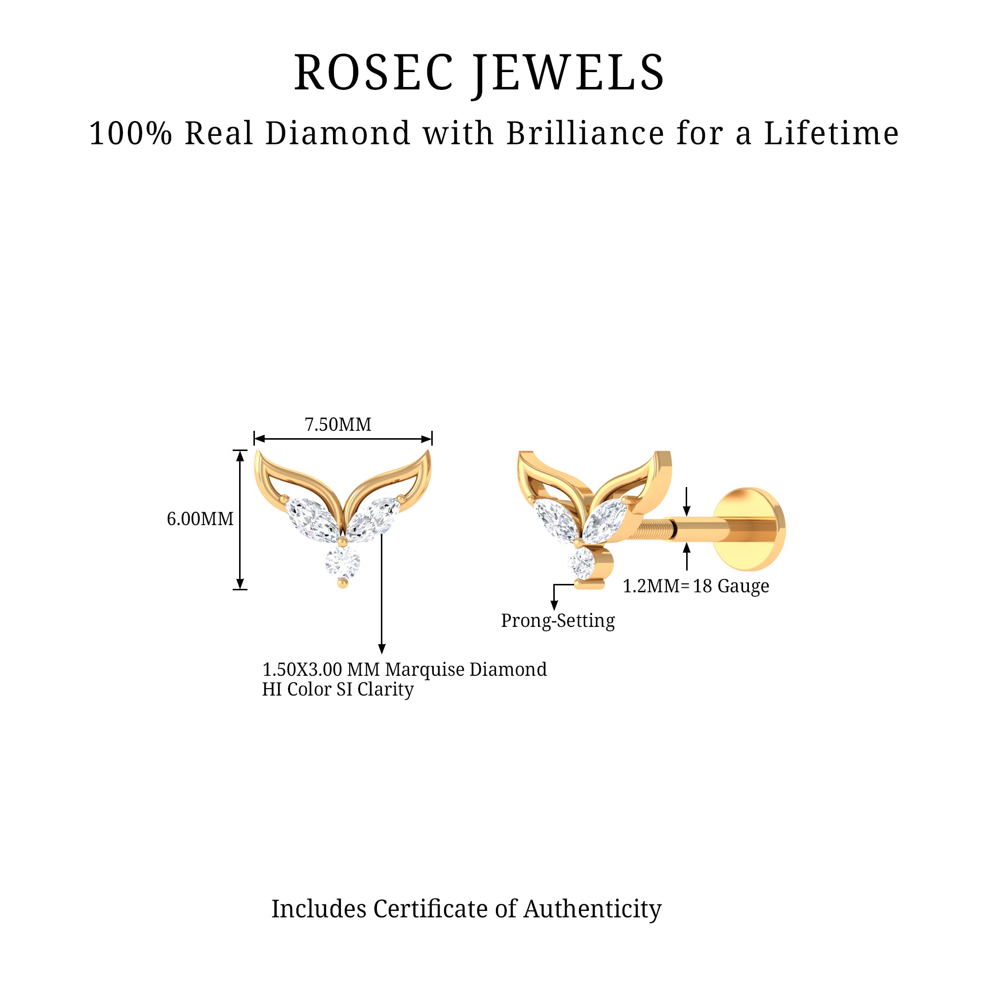 Rosec Jewels-Marquise Diamond Leaf Earring for Cartilage Piercing