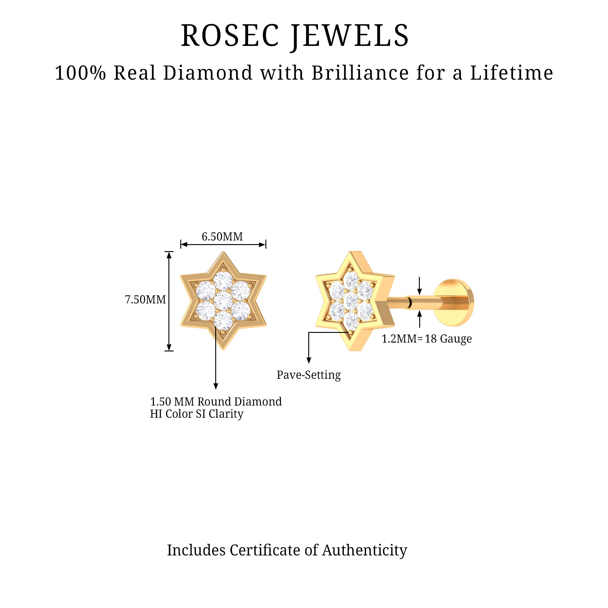 Rosec Jewels-Genuine Diamond Star Earring for Helix Piercing