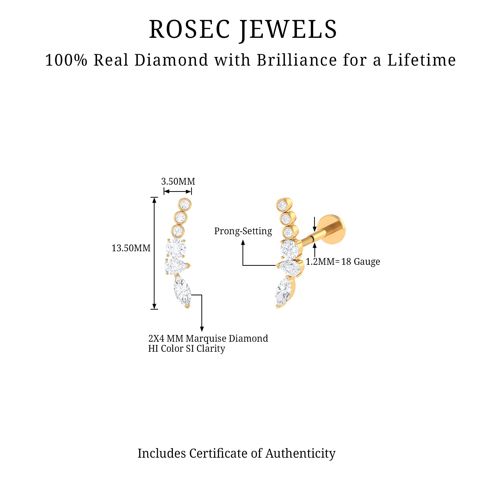 Rosec Jewels-Genuine Diamond Crawler Earring for Cartilage Piercing