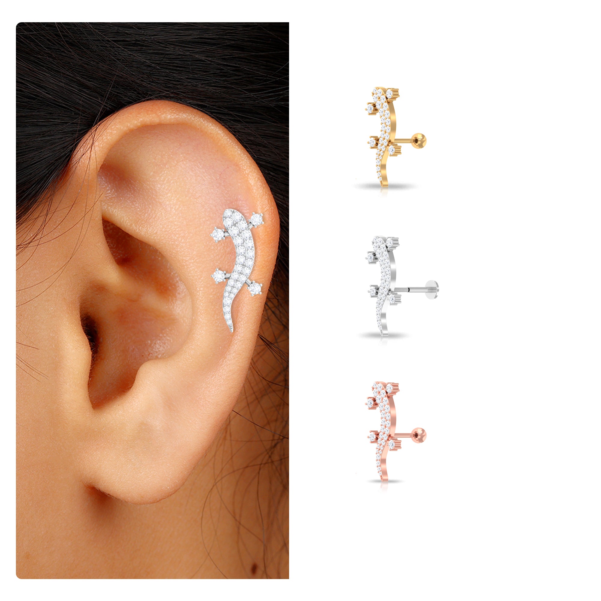 Rosec Jewels-Certified Moissanite Lizard Crawler Earring for Helix Piercing