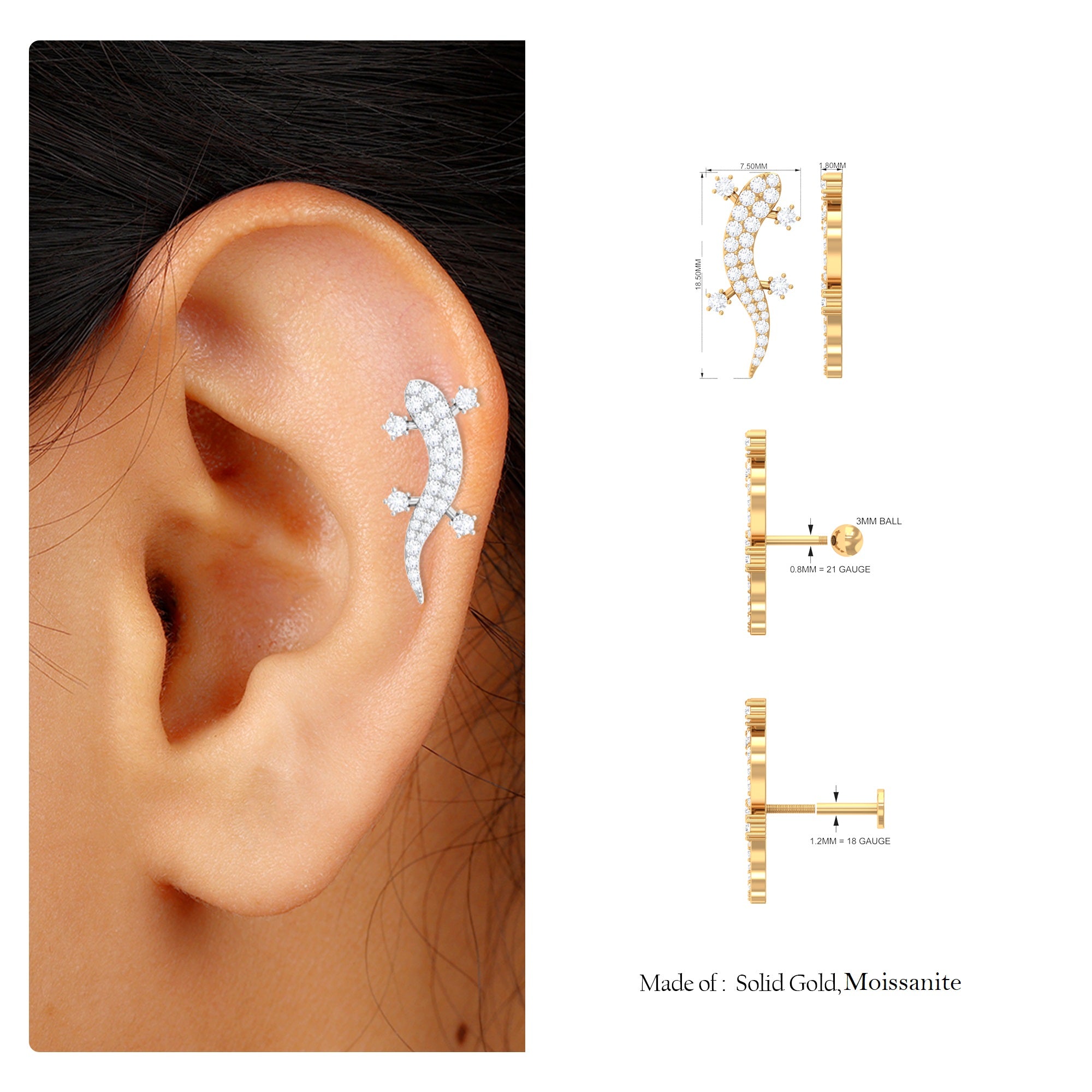 Rosec Jewels-Certified Moissanite Lizard Crawler Earring for Helix Piercing