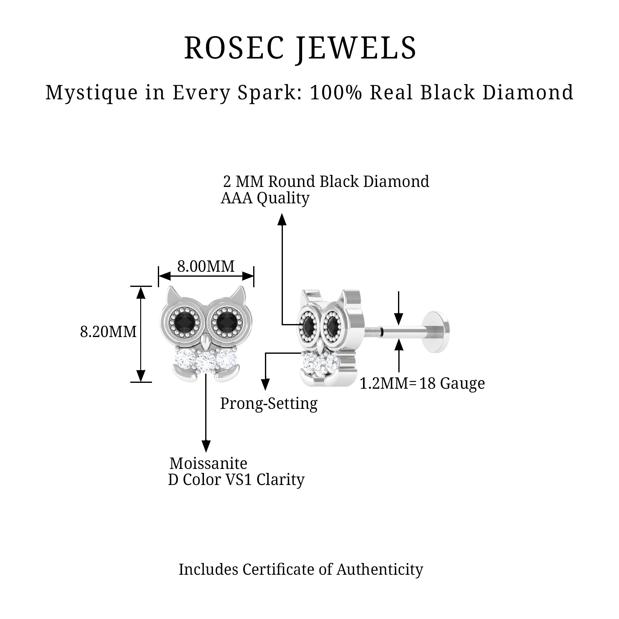 Rosec Jewels-Black Diamond Cute Owl Cartilage Earring with Moissanite