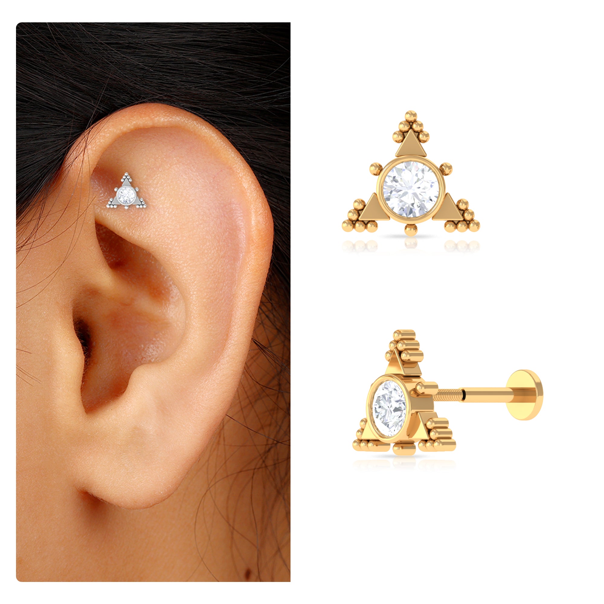 Rosec Jewels-Moissanite Geometric Helix Earring with Gold Beads