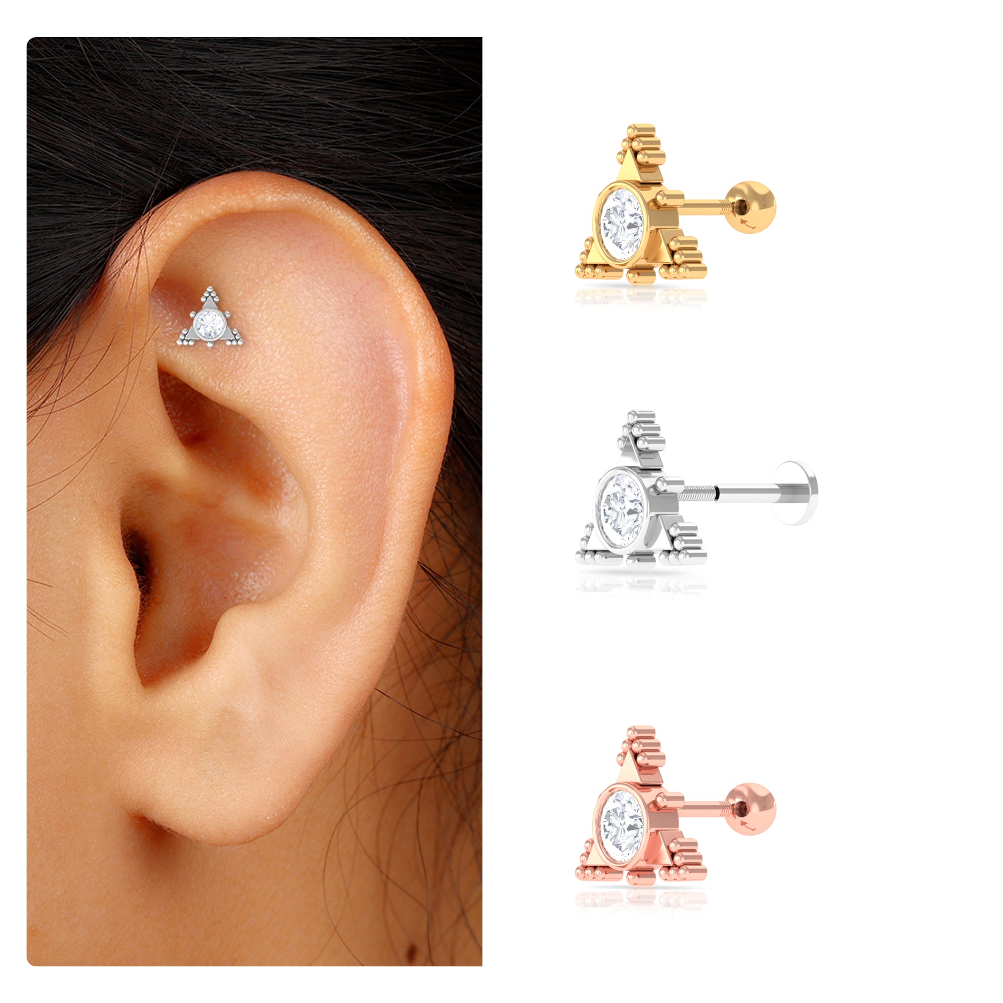 Rosec Jewels-Moissanite Geometric Helix Earring with Gold Beads