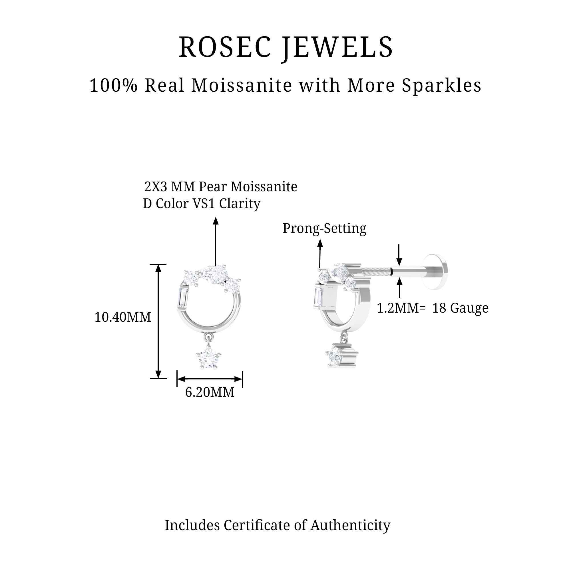 Rosec Jewels-Moissanite Circle Drop Earring for Cartilage Piercing