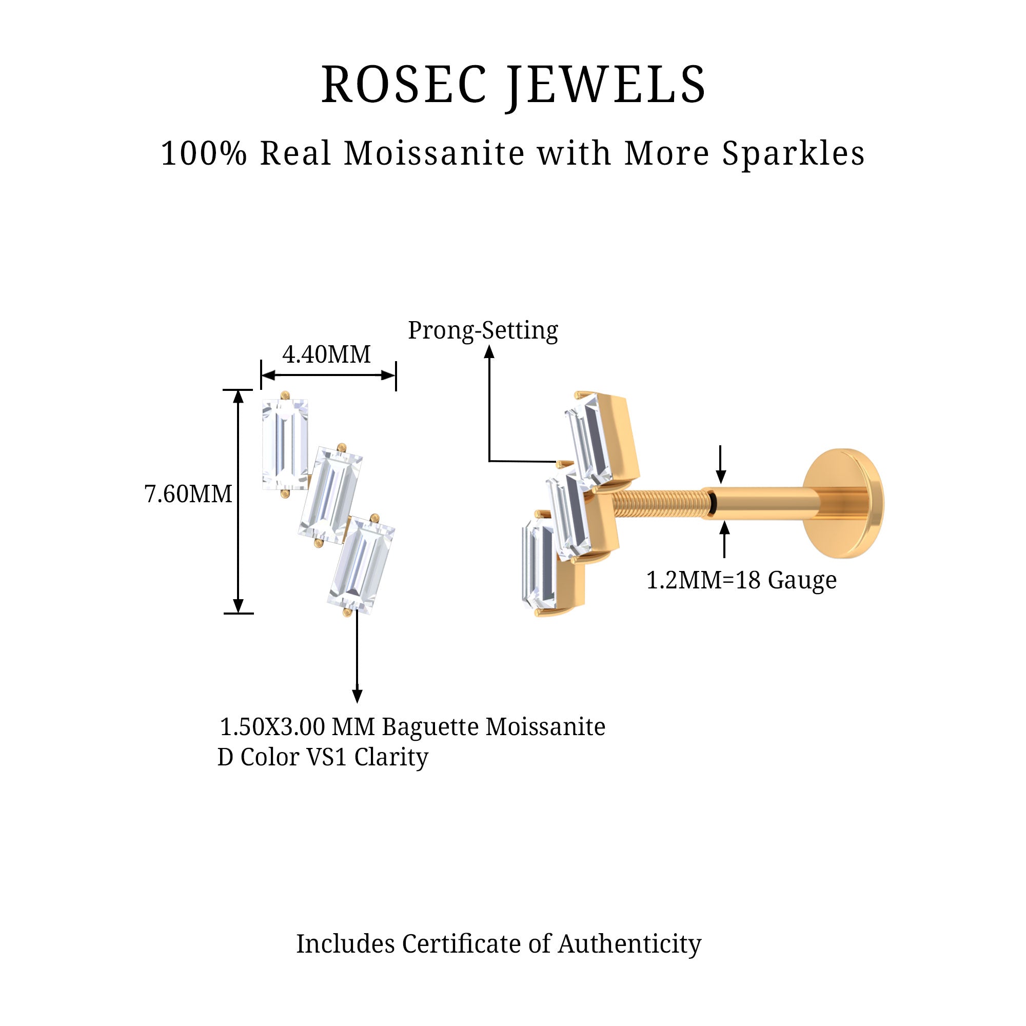 Rosec Jewels-Baguette Cut Moissanite 3 Stone Earring for Helix Piercing