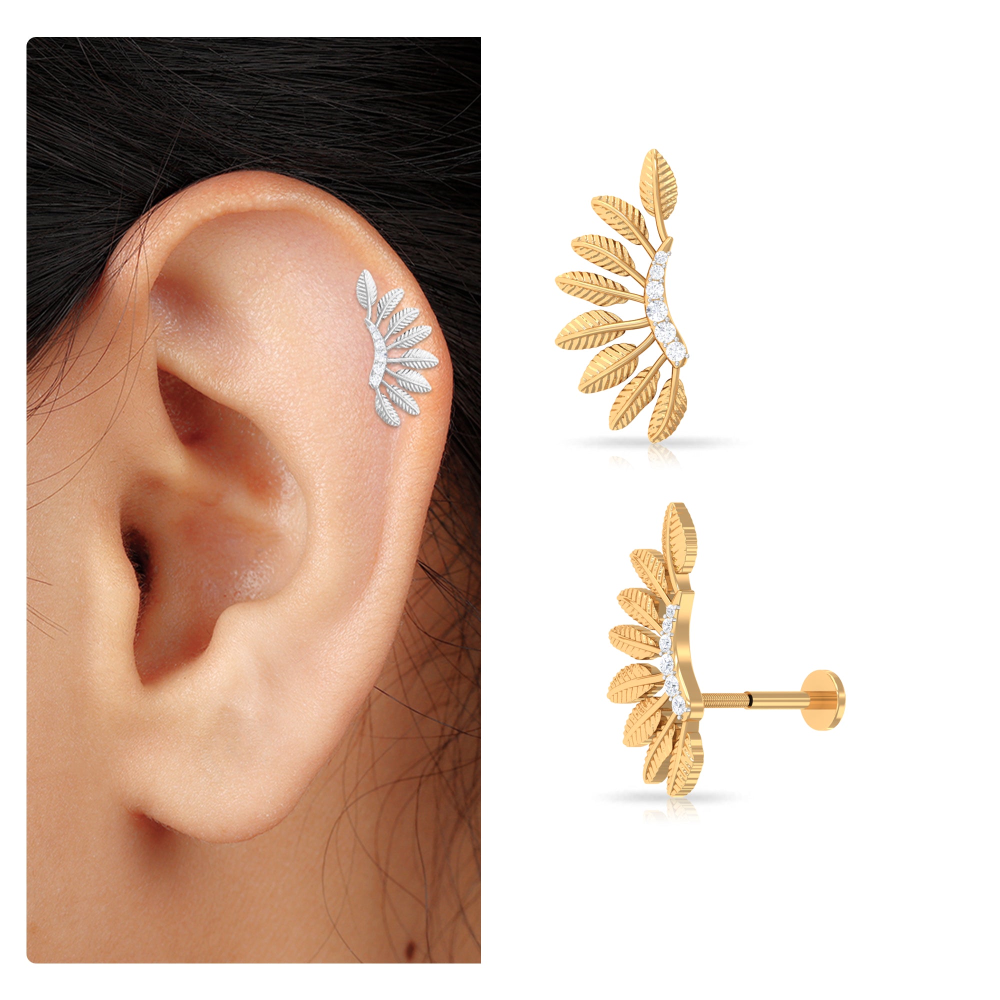 Rosec Jewels-Moissanite Gold Feather Earring for Cartilage Piercing