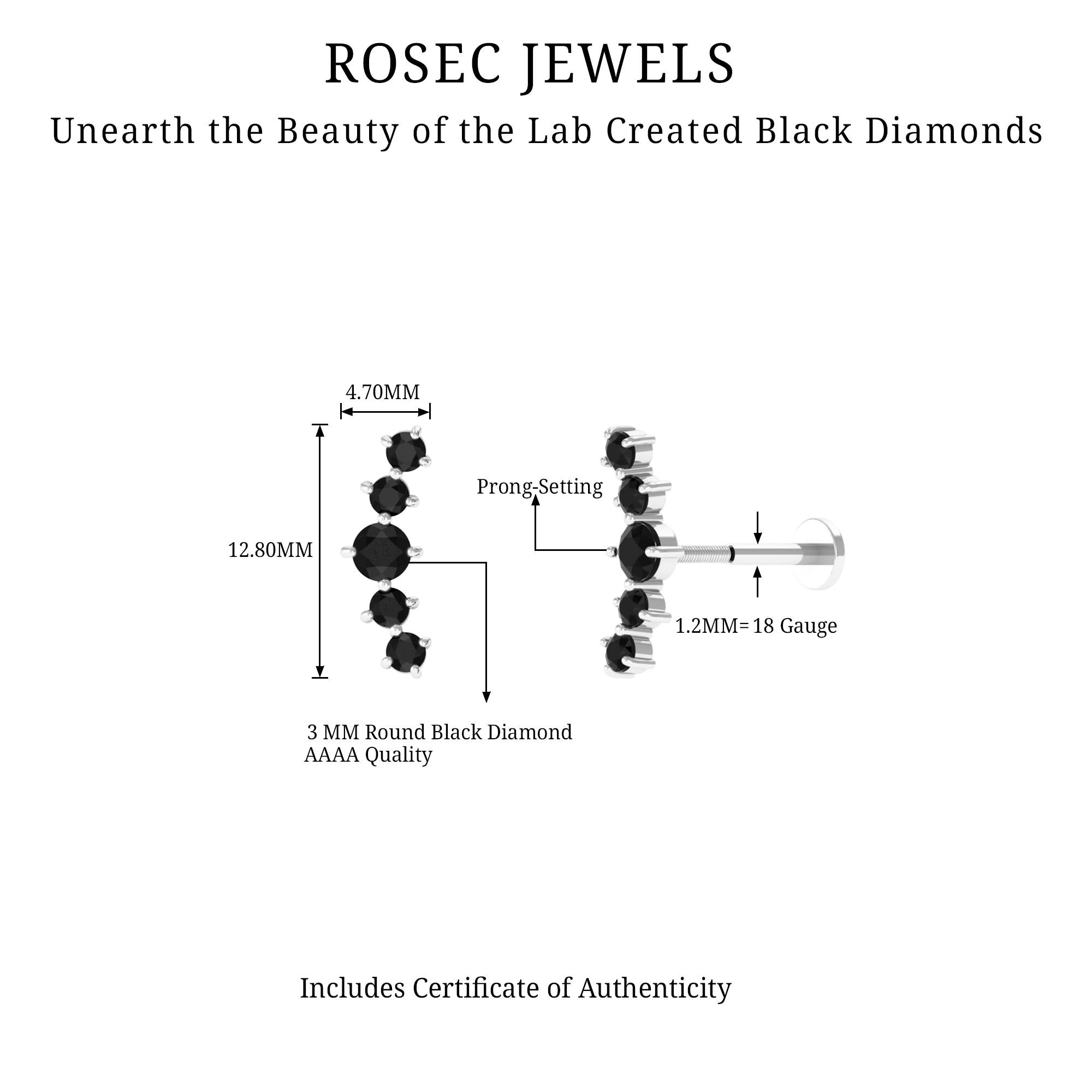 Rosec Jewels-Created Black Diamond 5 Stone Curved Crawler Earring