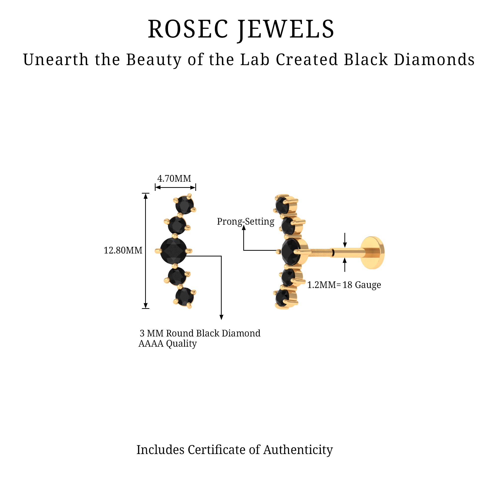 Rosec Jewels-Created Black Diamond 5 Stone Curved Crawler Earring