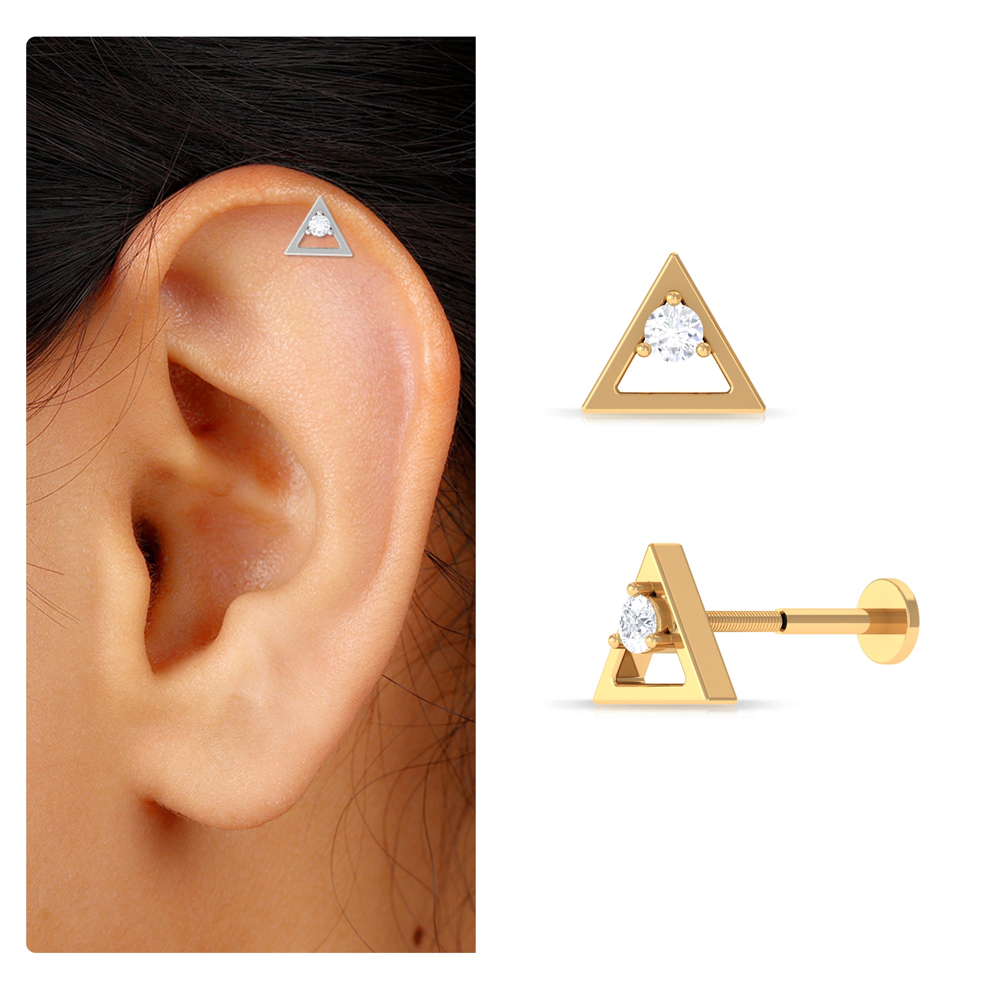 Rosec Jewels-Round Moissanite Triangle Earring for Upper Lobe Piercing