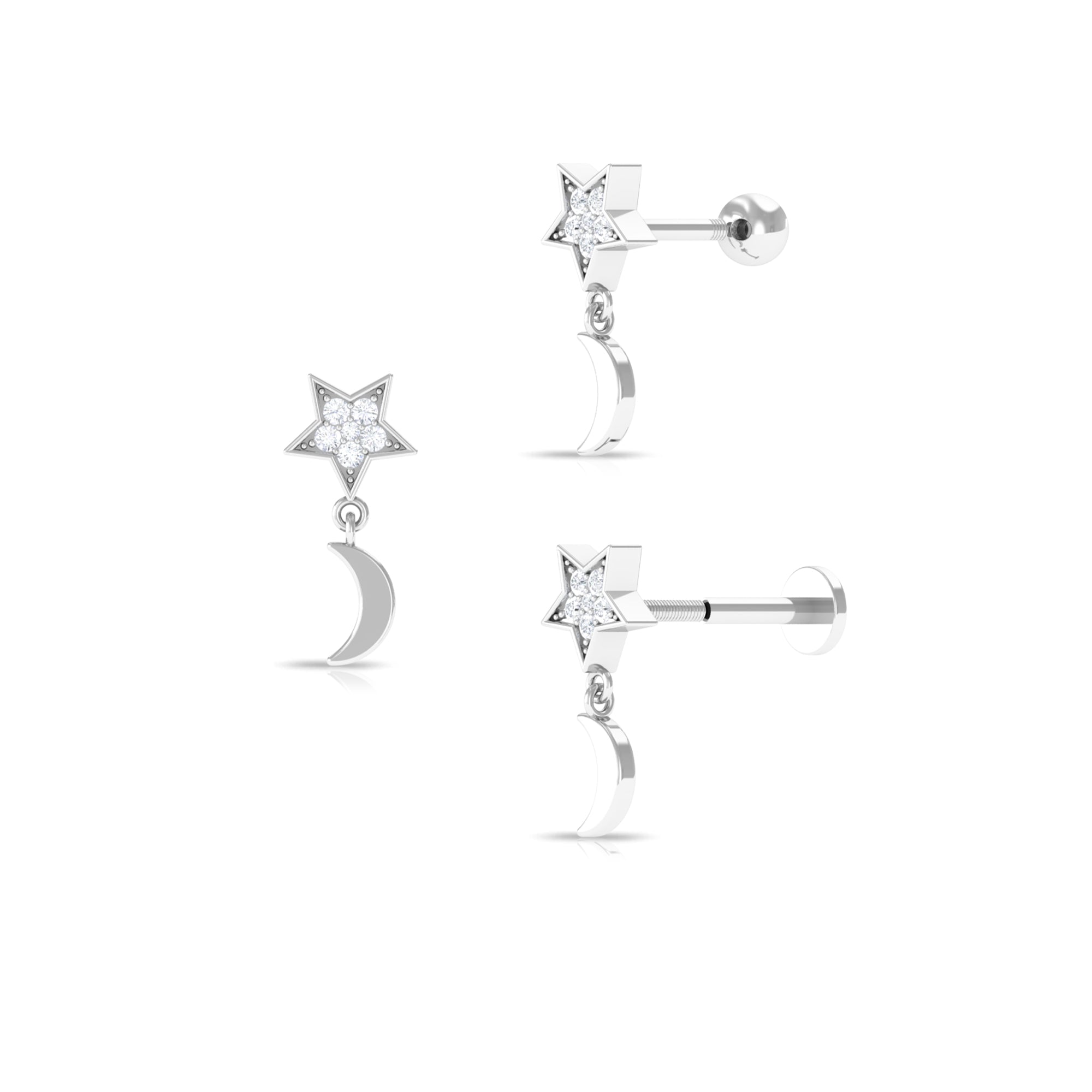 Rosec Jewels-Moissanite Moon and Star Dangle Earring in Gold