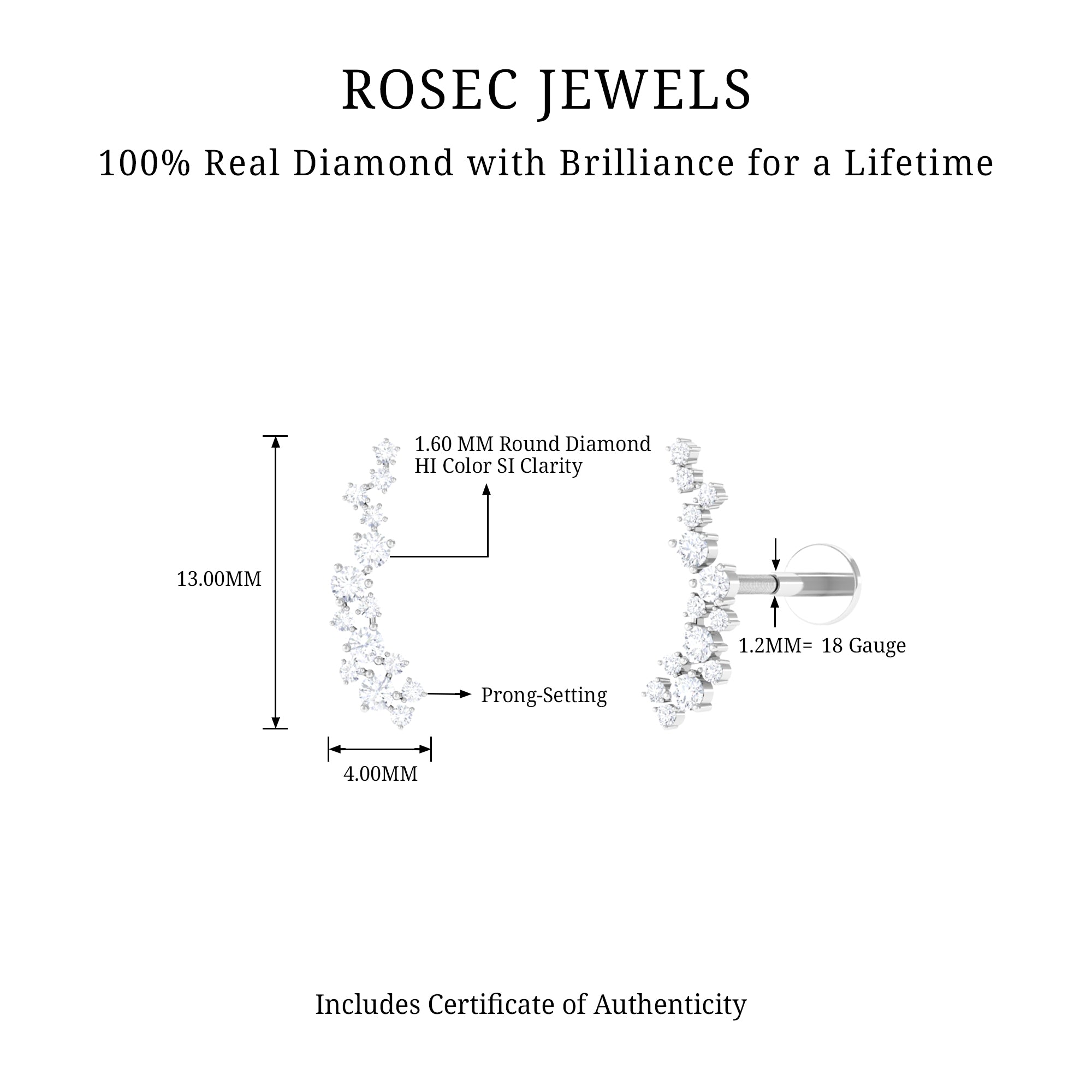 Rosec Jewels-Natural Diamond Cluster Crawler Earring for Helix Piercing