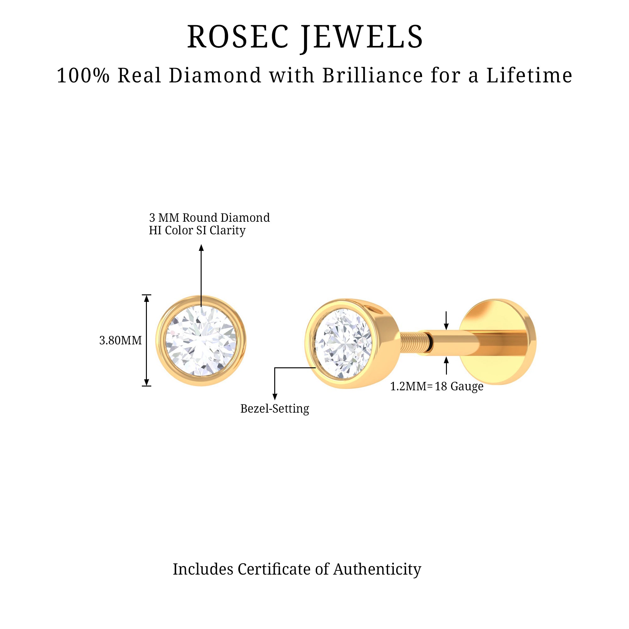 Rosec Jewels-Classic Diamond Solitaire Cartilage Earring with Flat Back