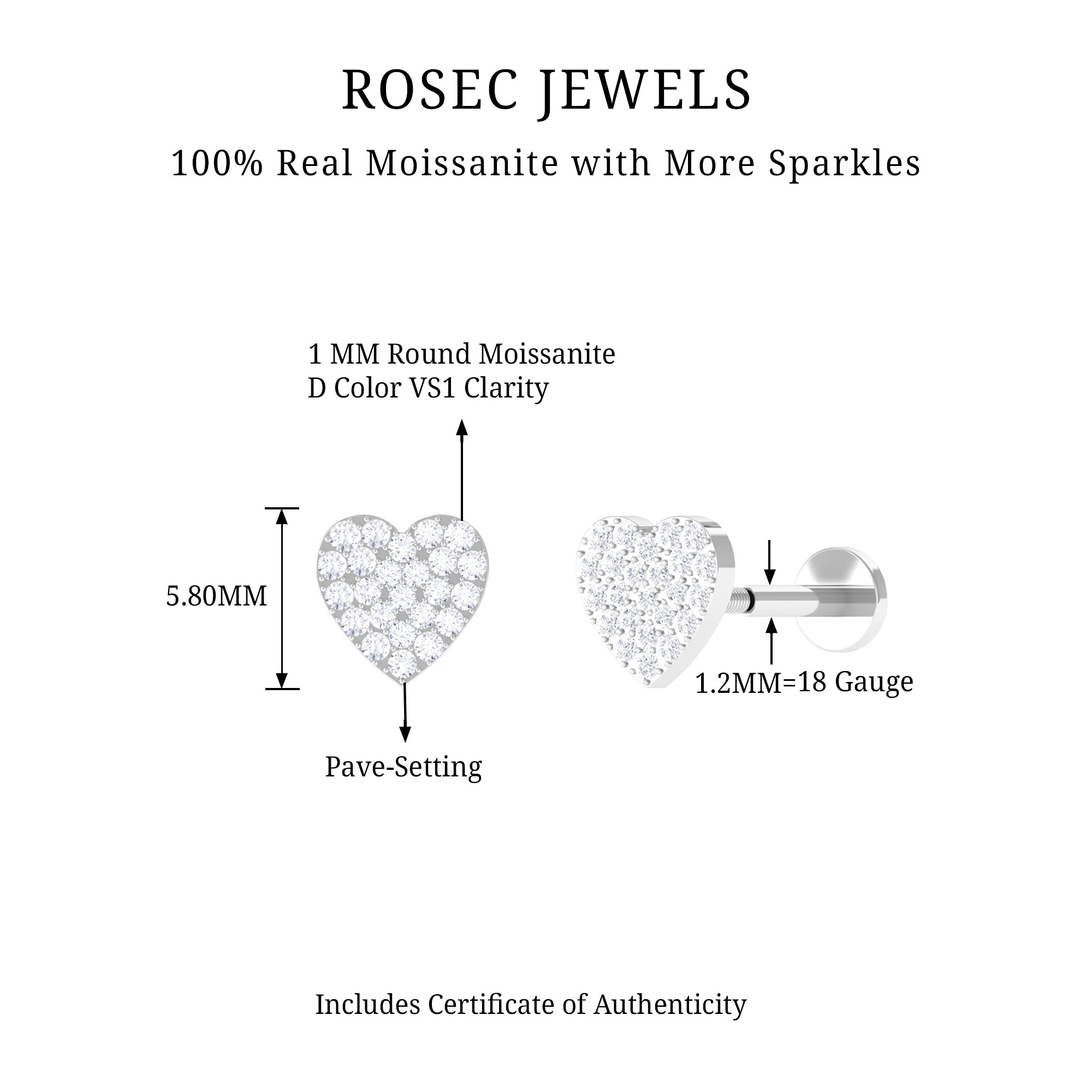 Rosec Jewels-Moissanite Heart Cartilage Earring in Pave Setting