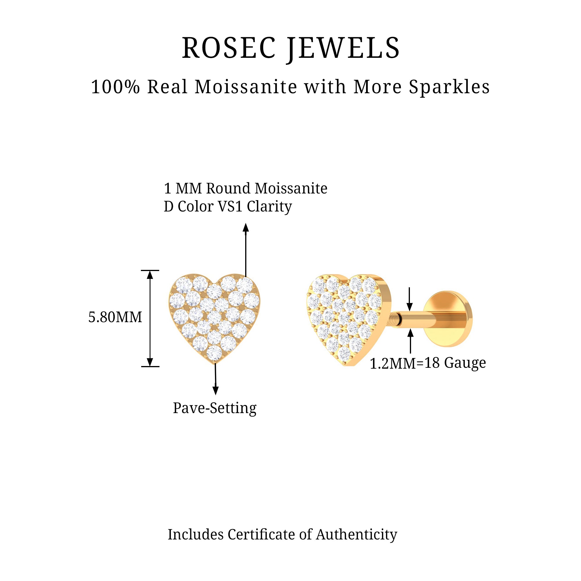 Rosec Jewels-Moissanite Heart Cartilage Earring in Pave Setting