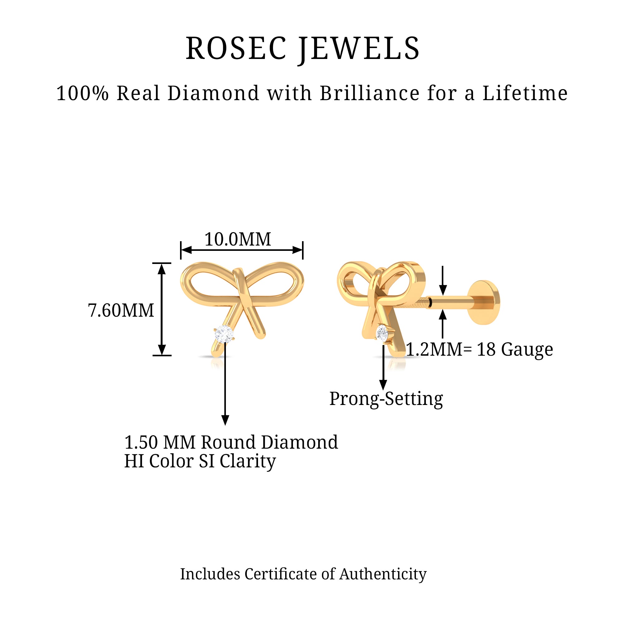 Rosec Jewels-Natural Diamond Bow Earring for Cartilage Piercing