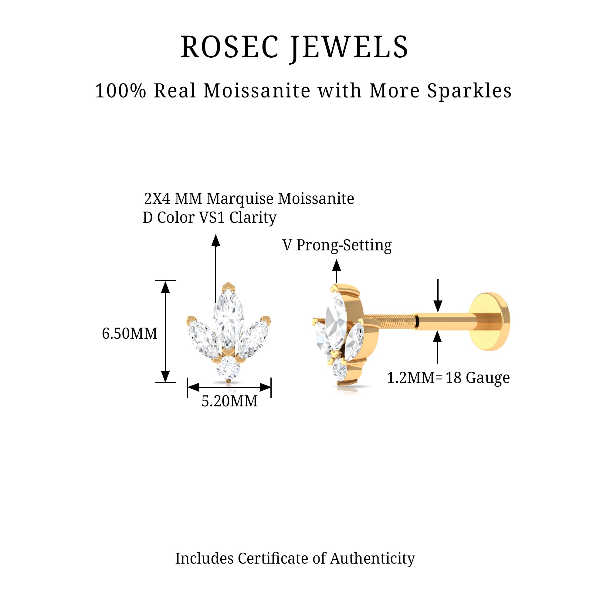 Rosec Jewels-Marquise and Round Moissanite Floral Conch Earring