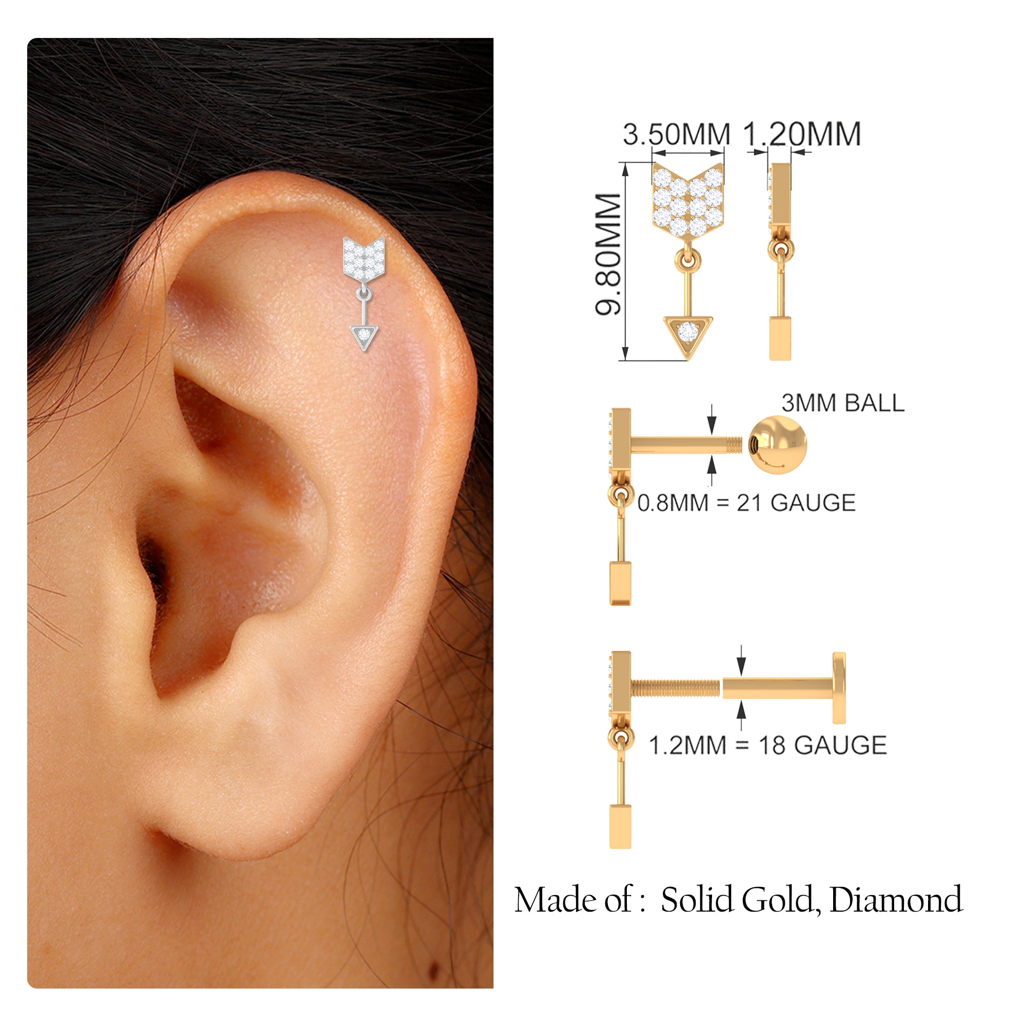 Rosec Jewels-Trendy Diamond Arrow Drop Earring for Helix Piercing