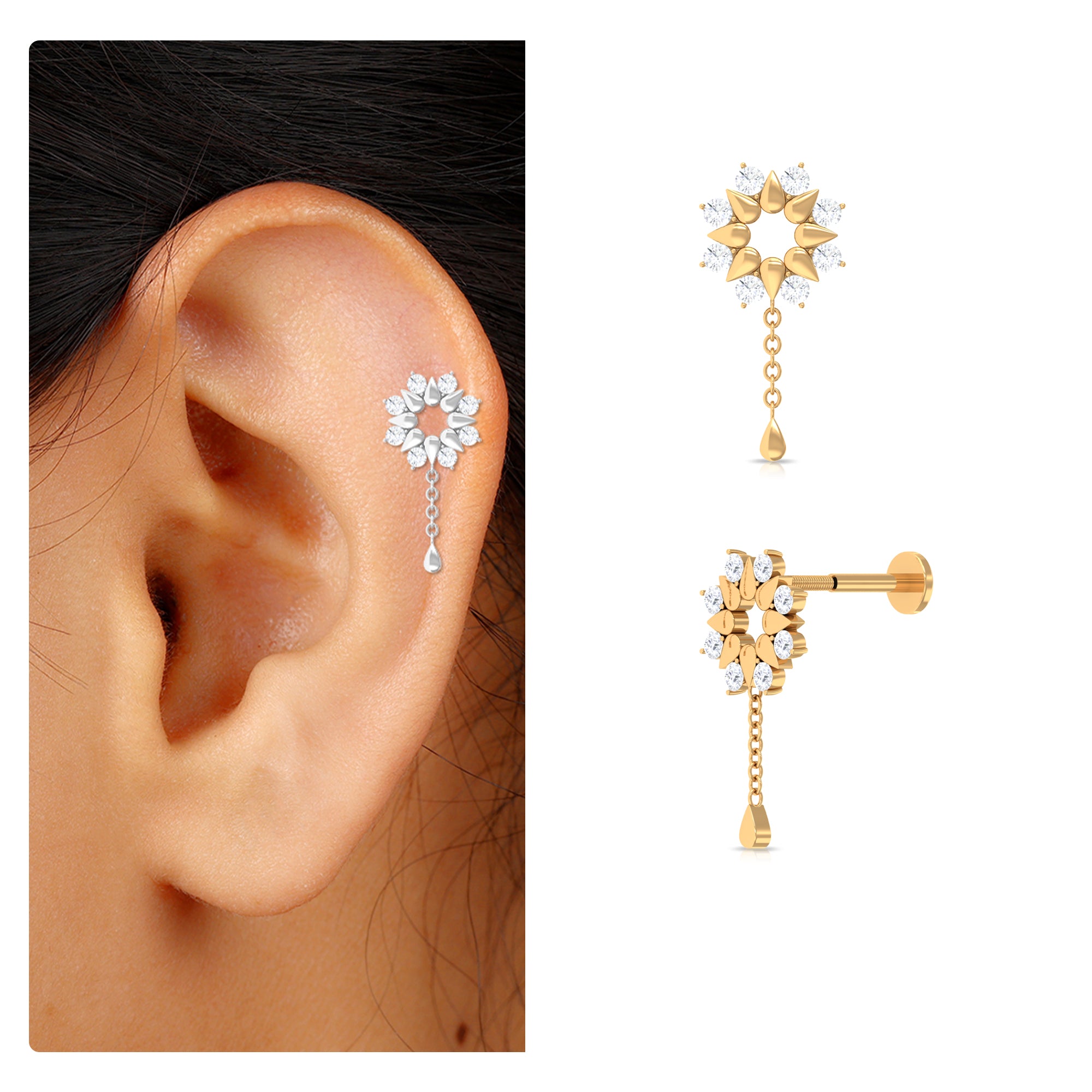 Rosec Jewels-Moissanite Flower Chain Drop Earring for Cartilage Piercing