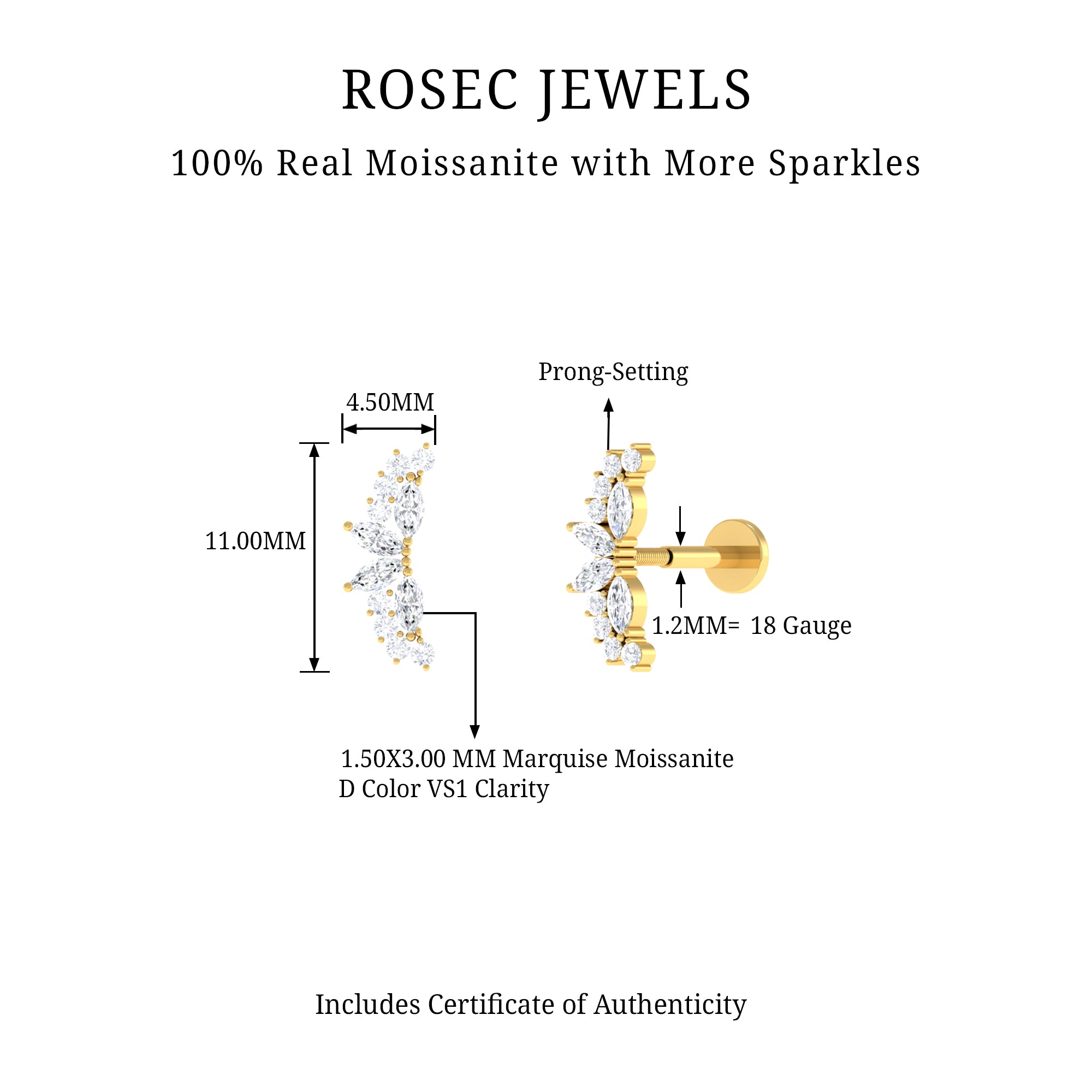 Rosec Jewels-Certified Moissanite Cluster Crawler Earring for Helix Piercing