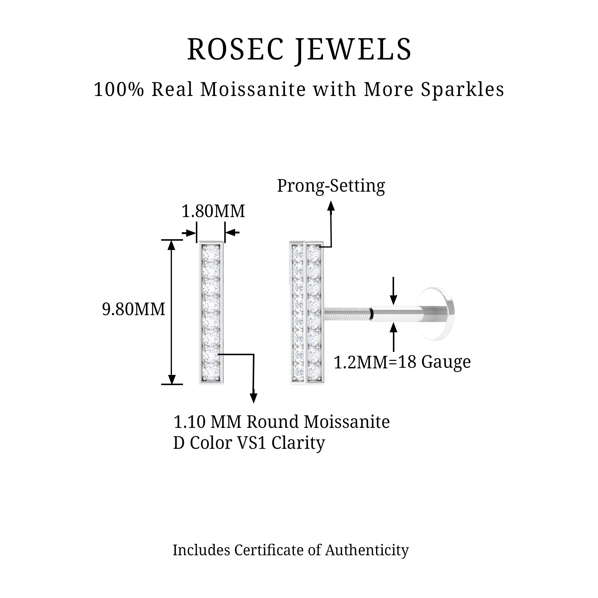 Rosec Jewels-Certified Moissanite Bar Earring for Helix Piercing