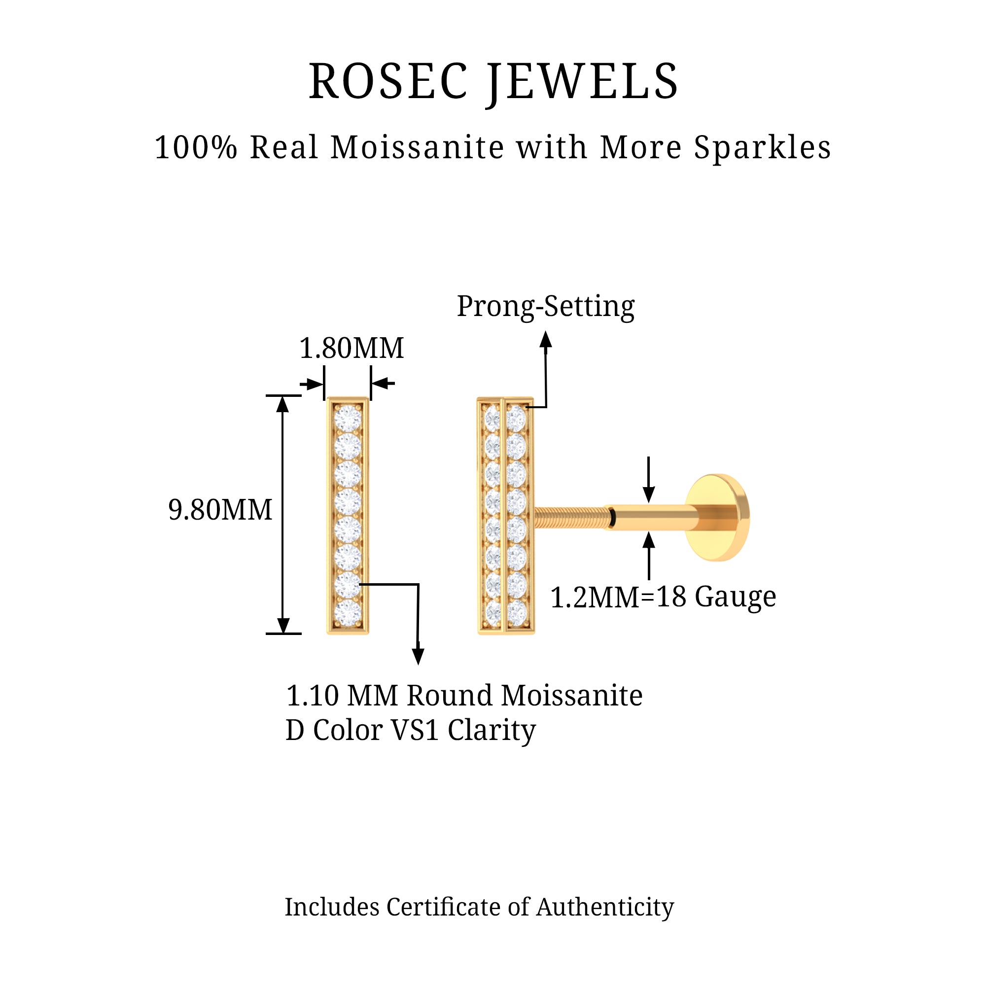 Rosec Jewels-Certified Moissanite Bar Earring for Helix Piercing