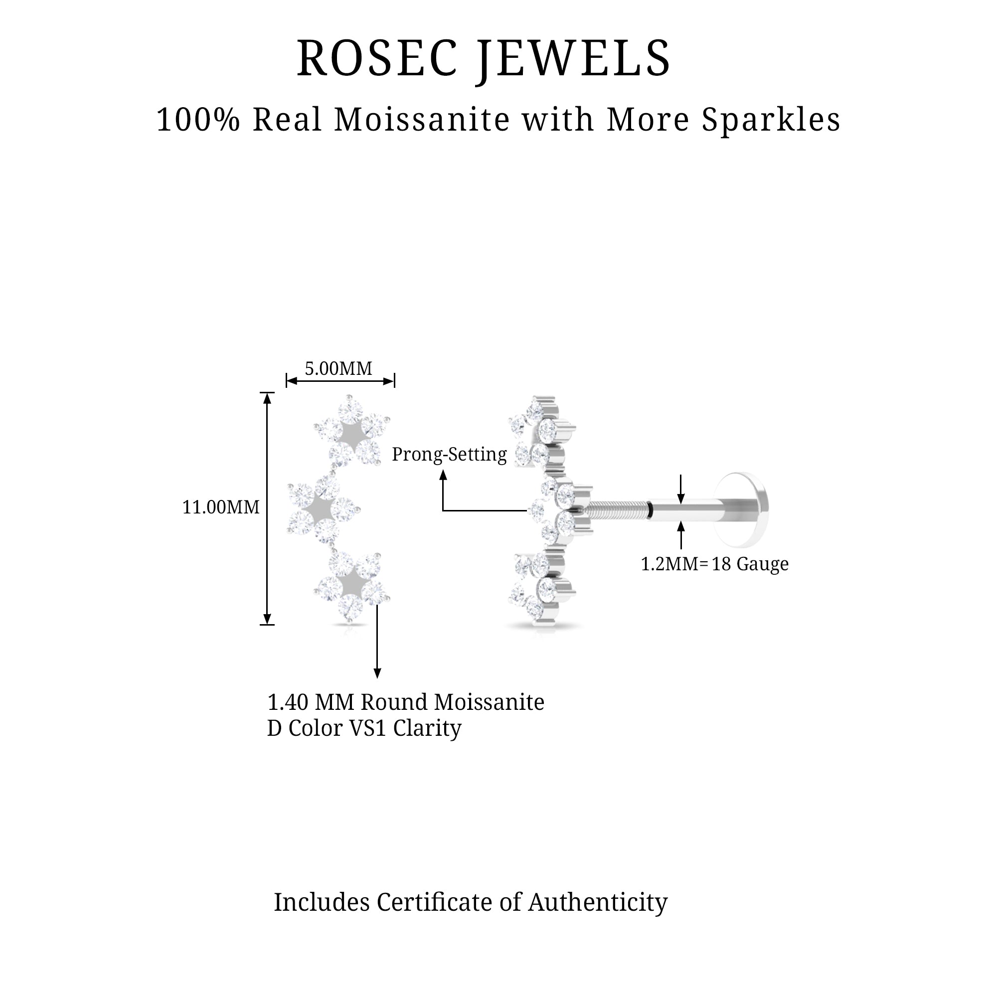 Rosec Jewels-Moissanite Gold Flower Crawler Earring for Helix Piercing