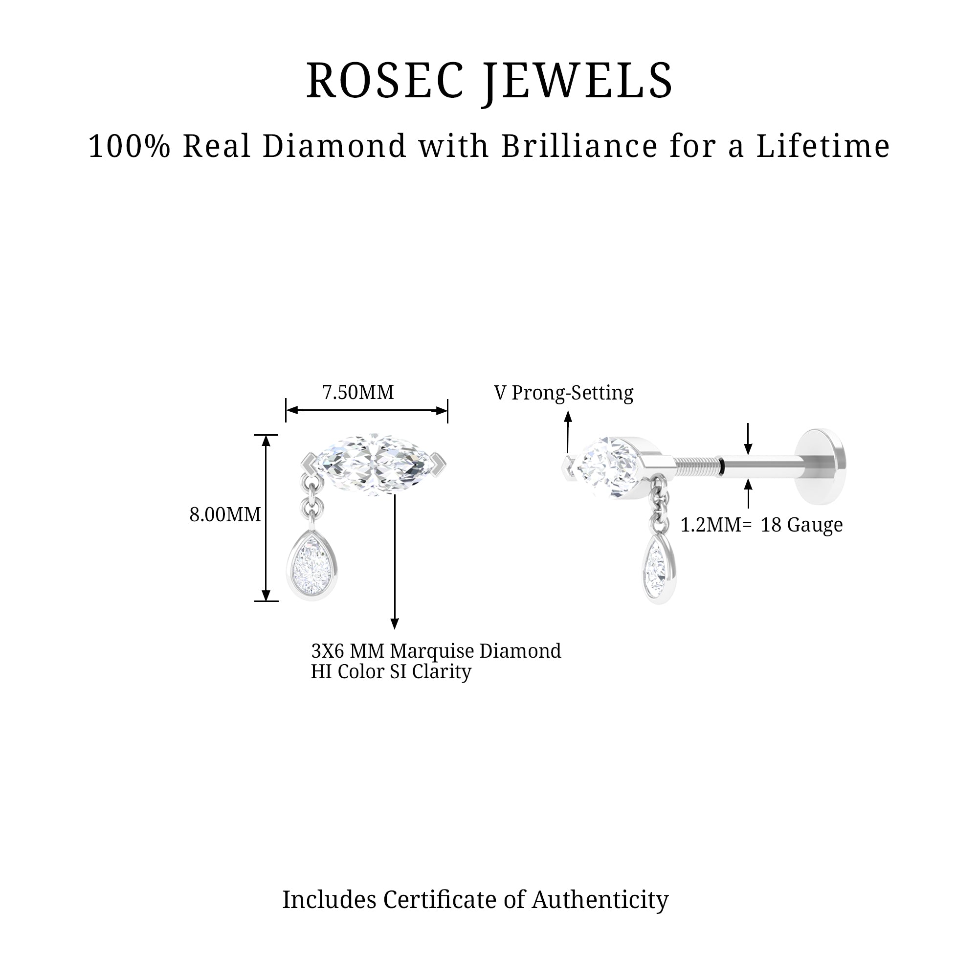 Rosec Jewels-Real Marquise Diamond Cartilage Drop Earring