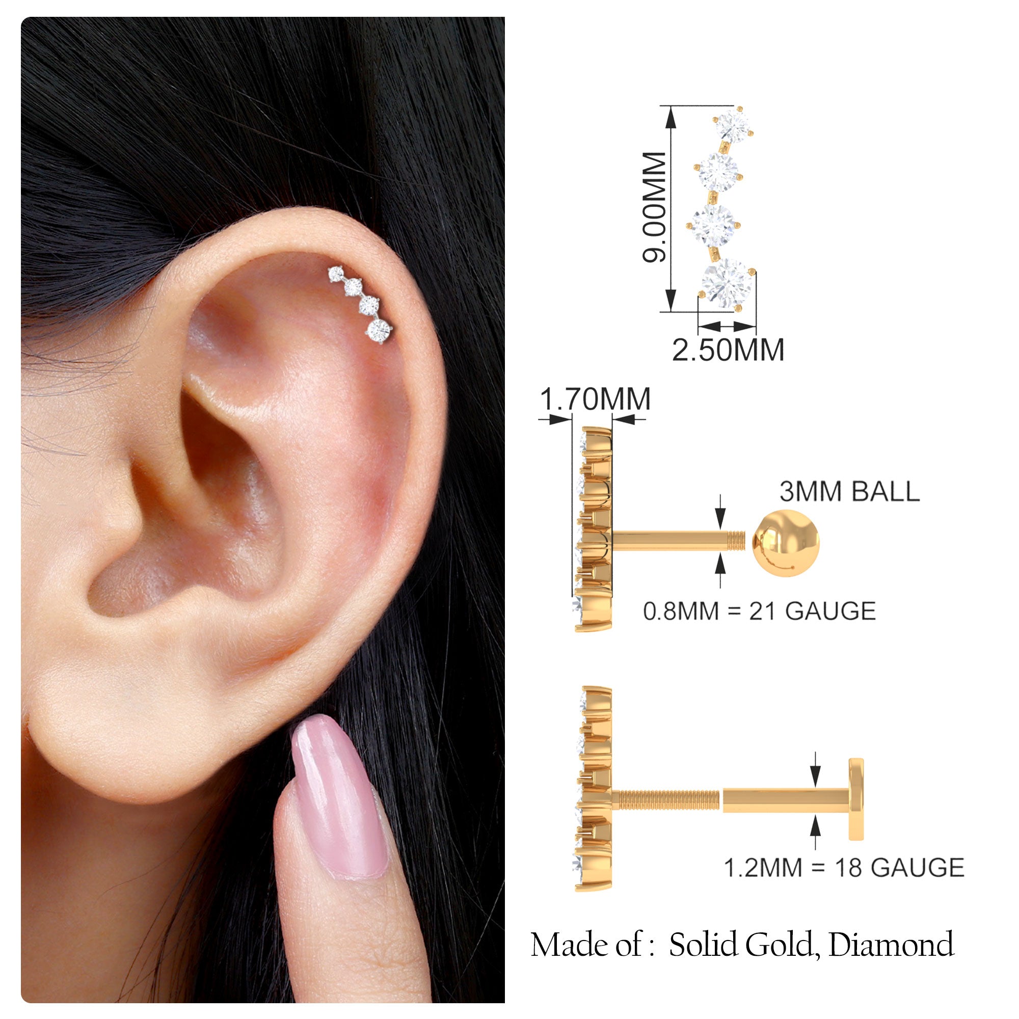 Rosec Jewels-Minimalist Moissanite Crawler Helix Earring in Gold