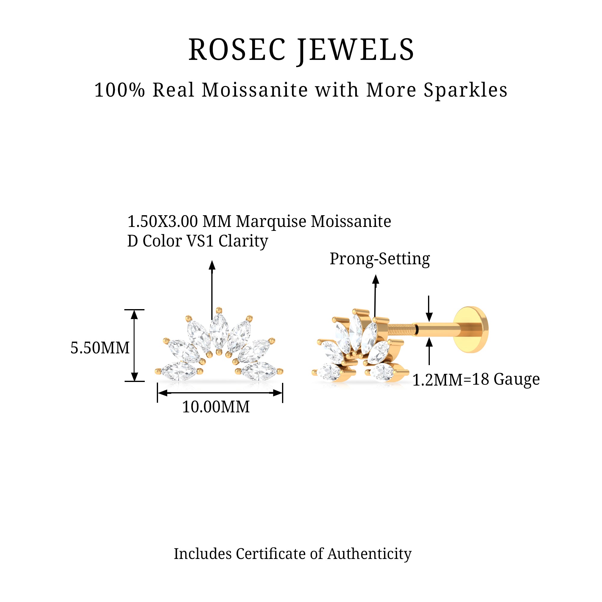 Rosec Jewels-Marquise Cut Moissanite Curved Cartilage Earring