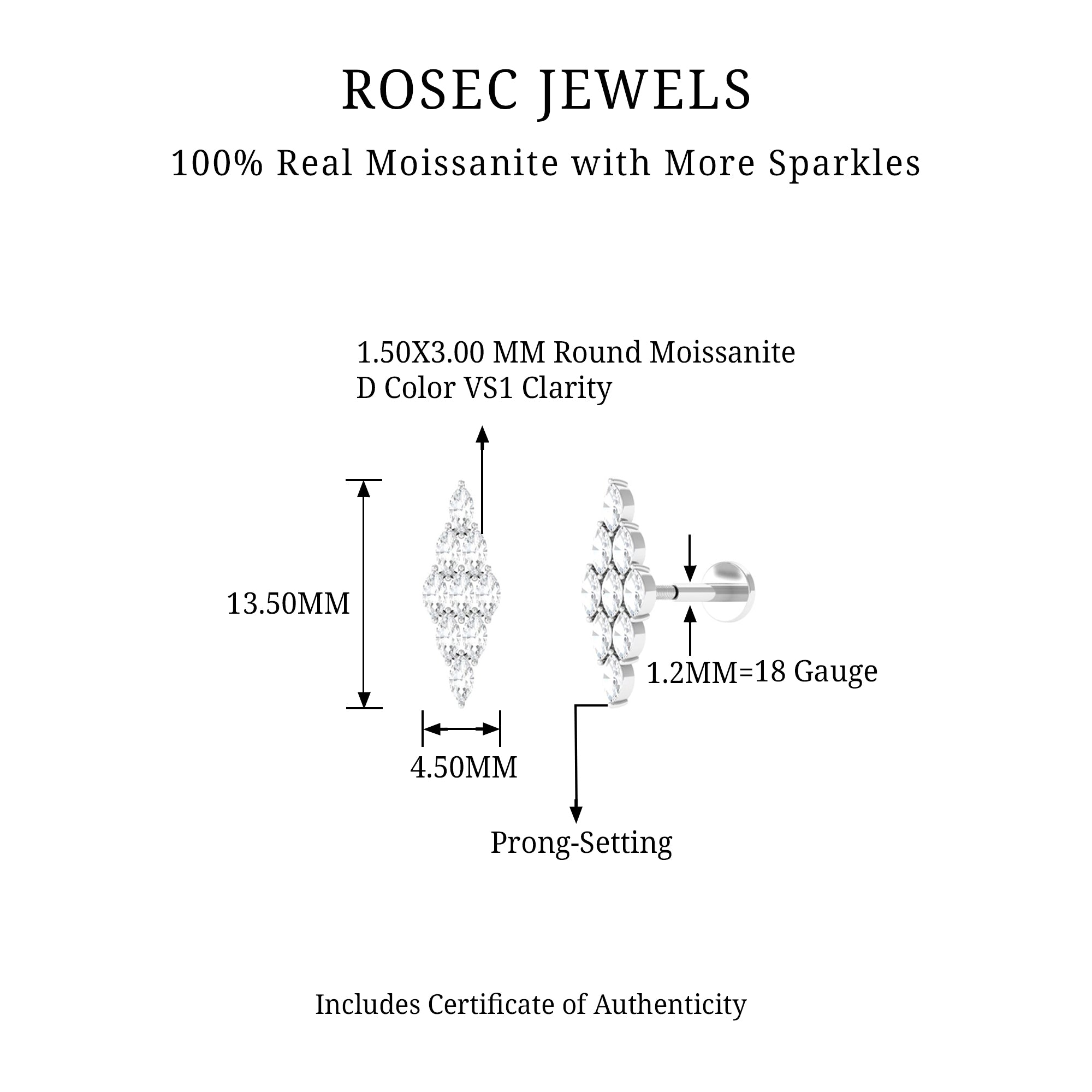 Rosec Jewels-Marquise Moissanite Cluster Geometric Earring for Cartilage Piercing