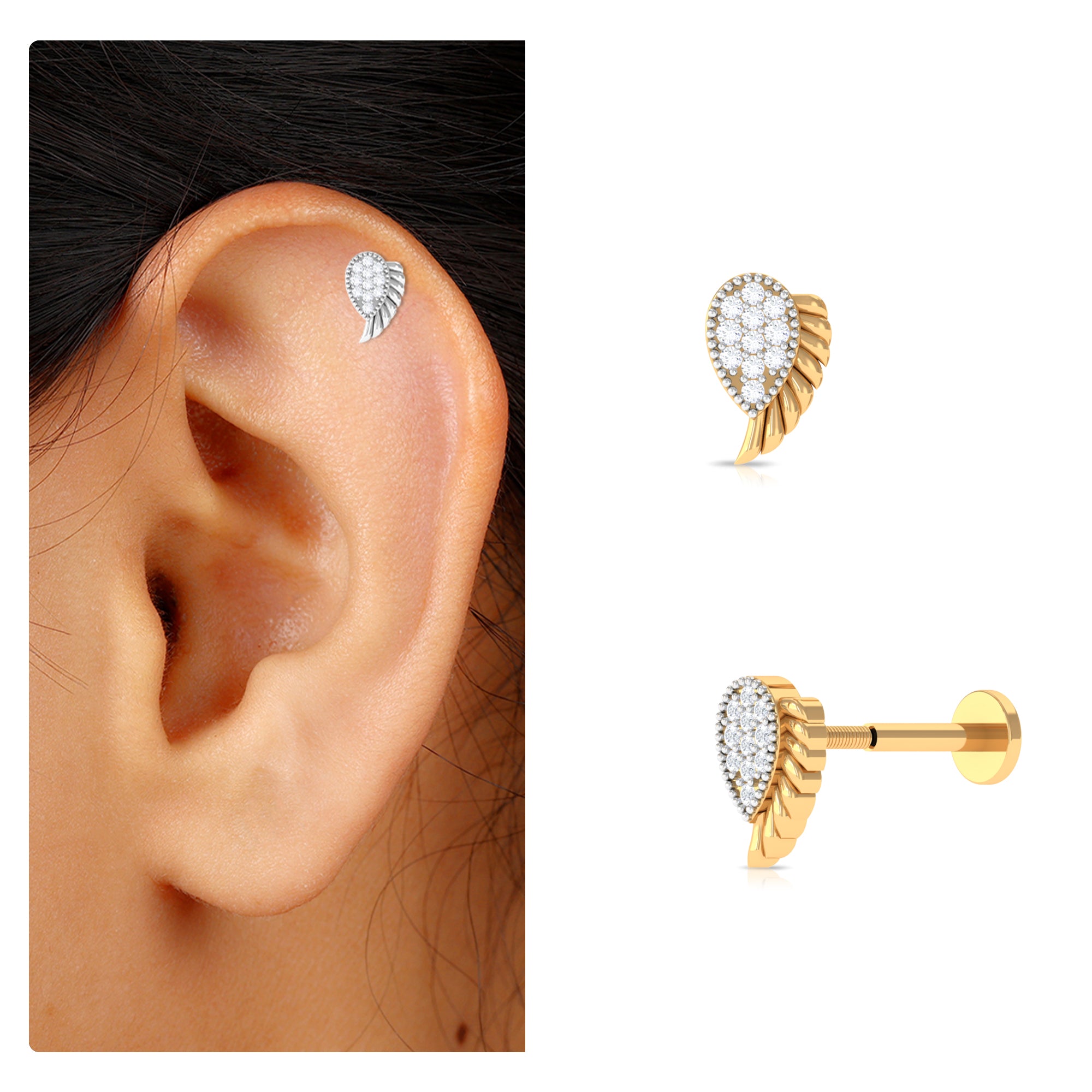 Rosec Jewels-Unique Moissanite Angel Wing Cartilage Earring in Gold