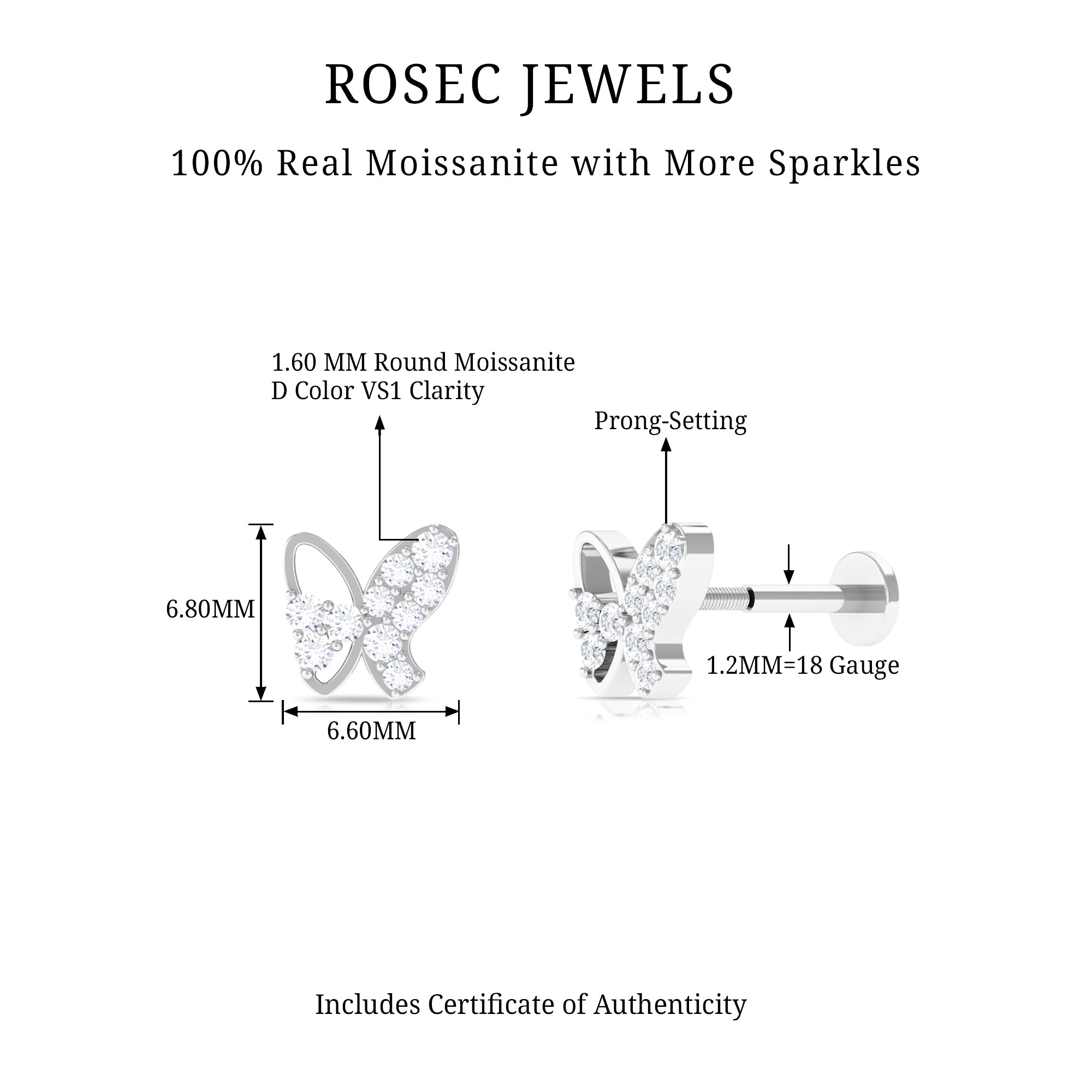 Rosec Jewels-Unique Moissanite Butterfly Helix Earring in Gold