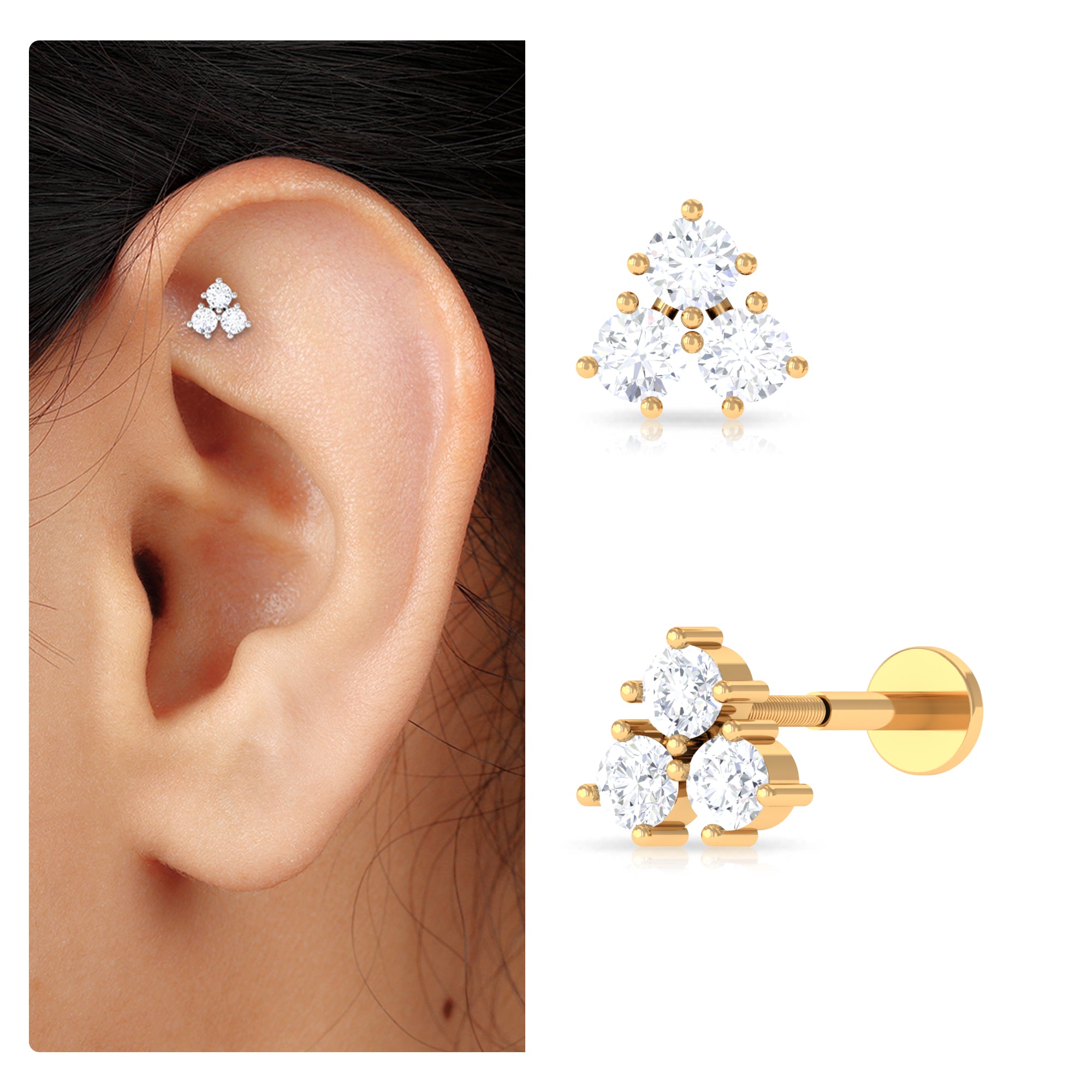 Rosec Jewels-Round Moissanite Trinity Trio Dainty Helix Earring