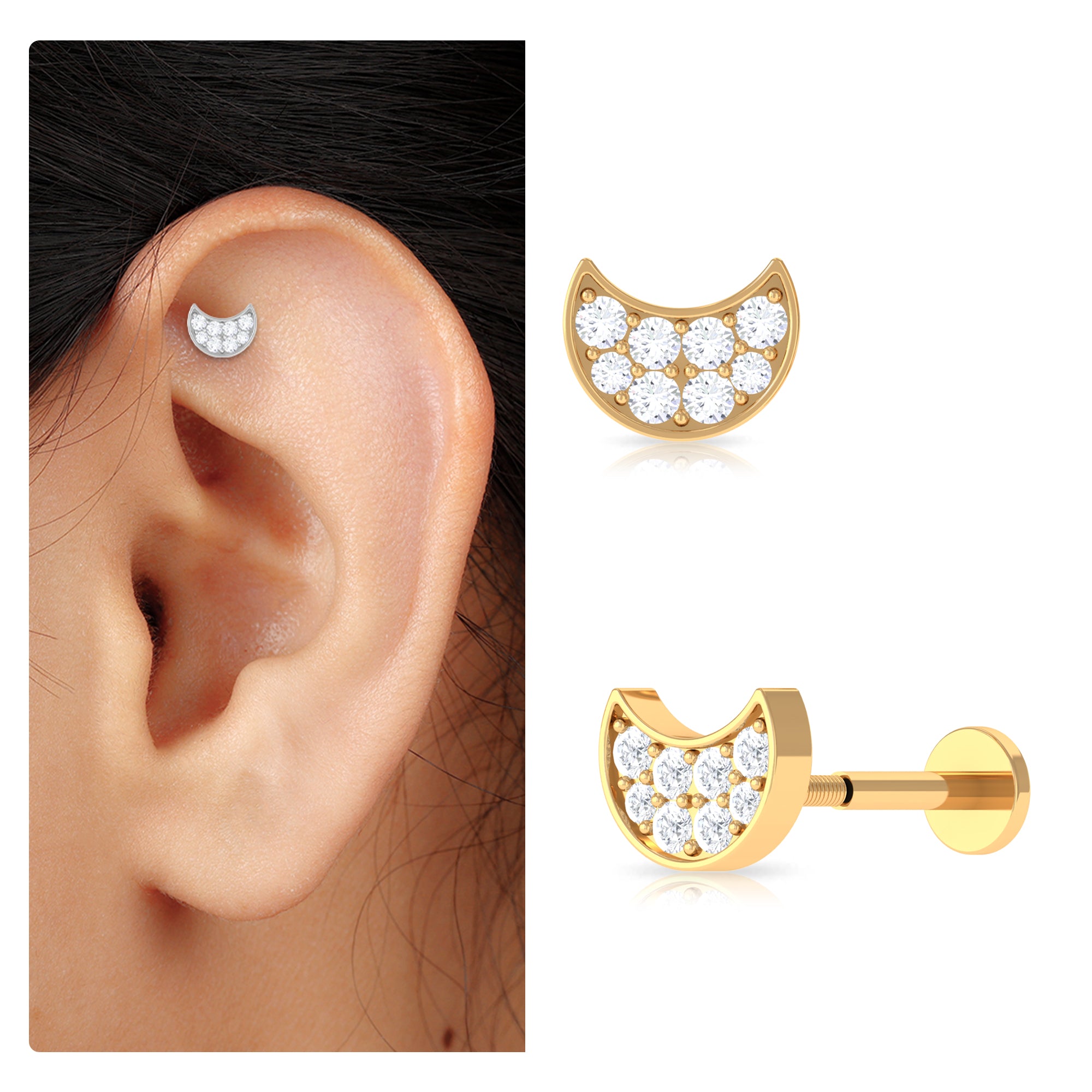 Rosec Jewels-Dainty Moissanite Moon Celestial Earring for Tragus Piercing