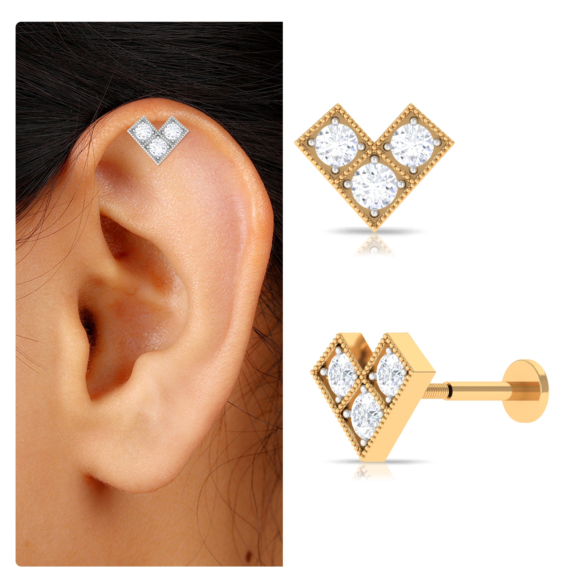 Rosec Jewels-Round Moissanite Chevron Helix Earring with Beaded Gold