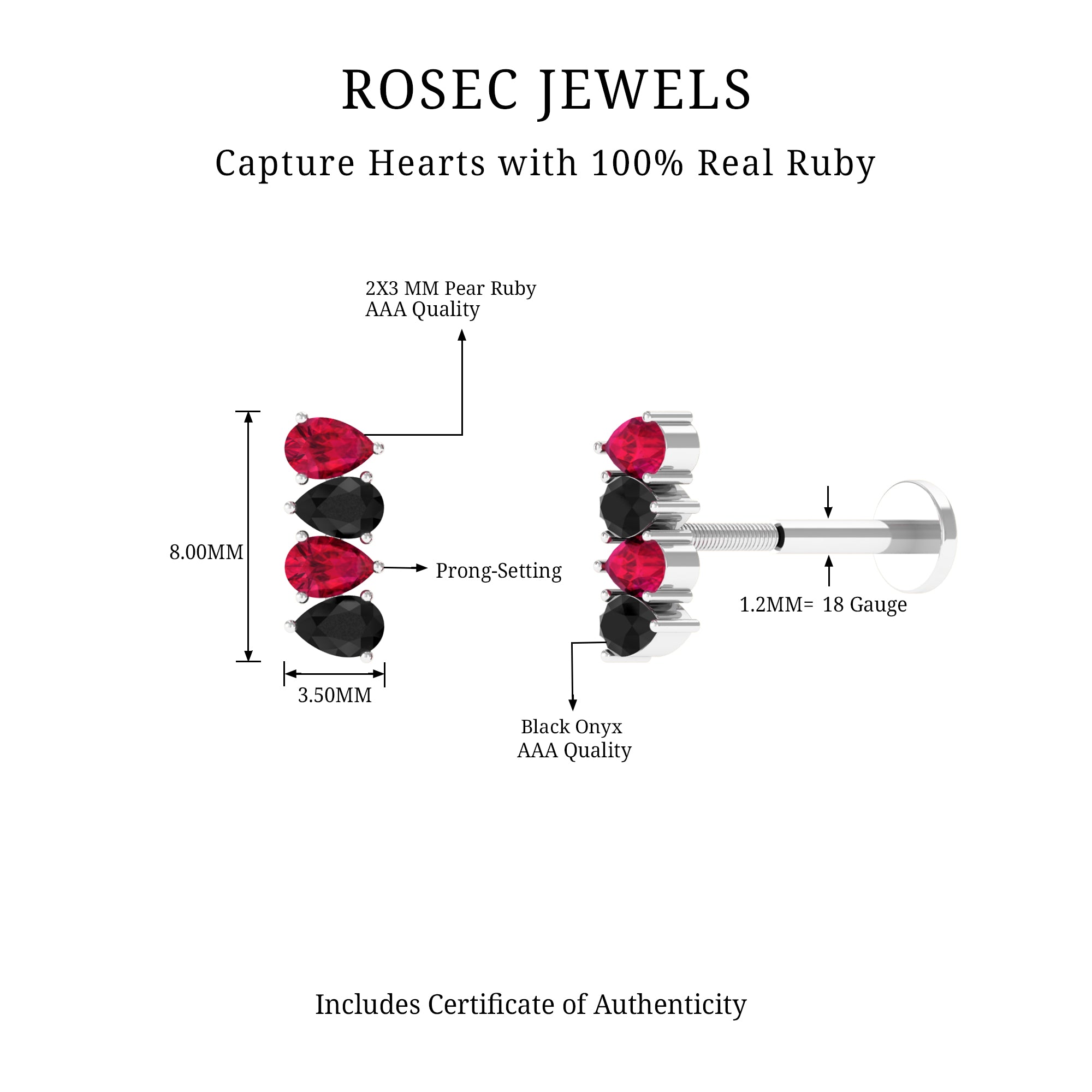 Rosec Jewels-Pear Cut Ruby and Black Onyx Bar Earring for Helix Piercing