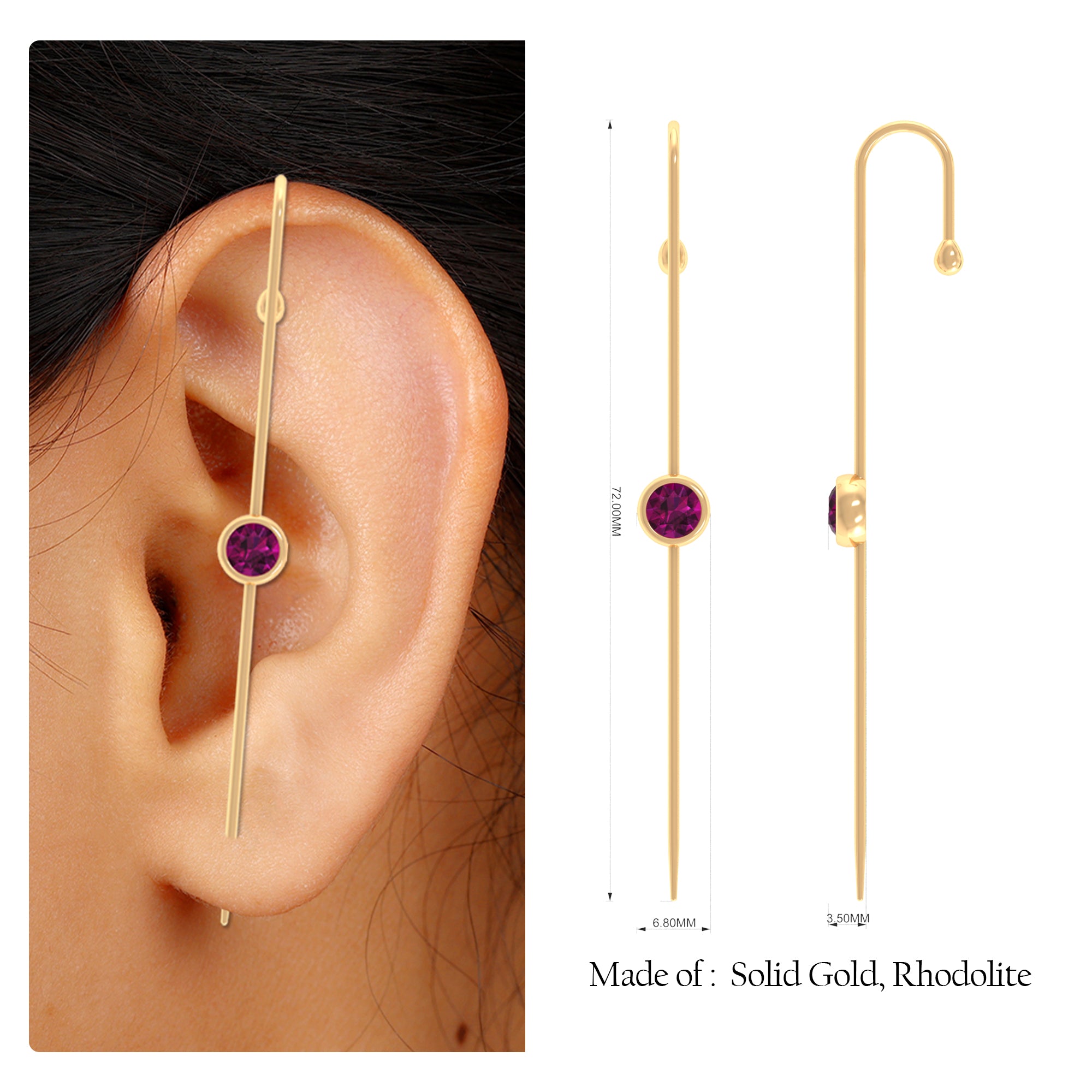 5 MM Round Rhodolite Solitaire Ear Pin in Bezel Setting Rhodolite - ( AAA ) - Quality - Rosec Jewels