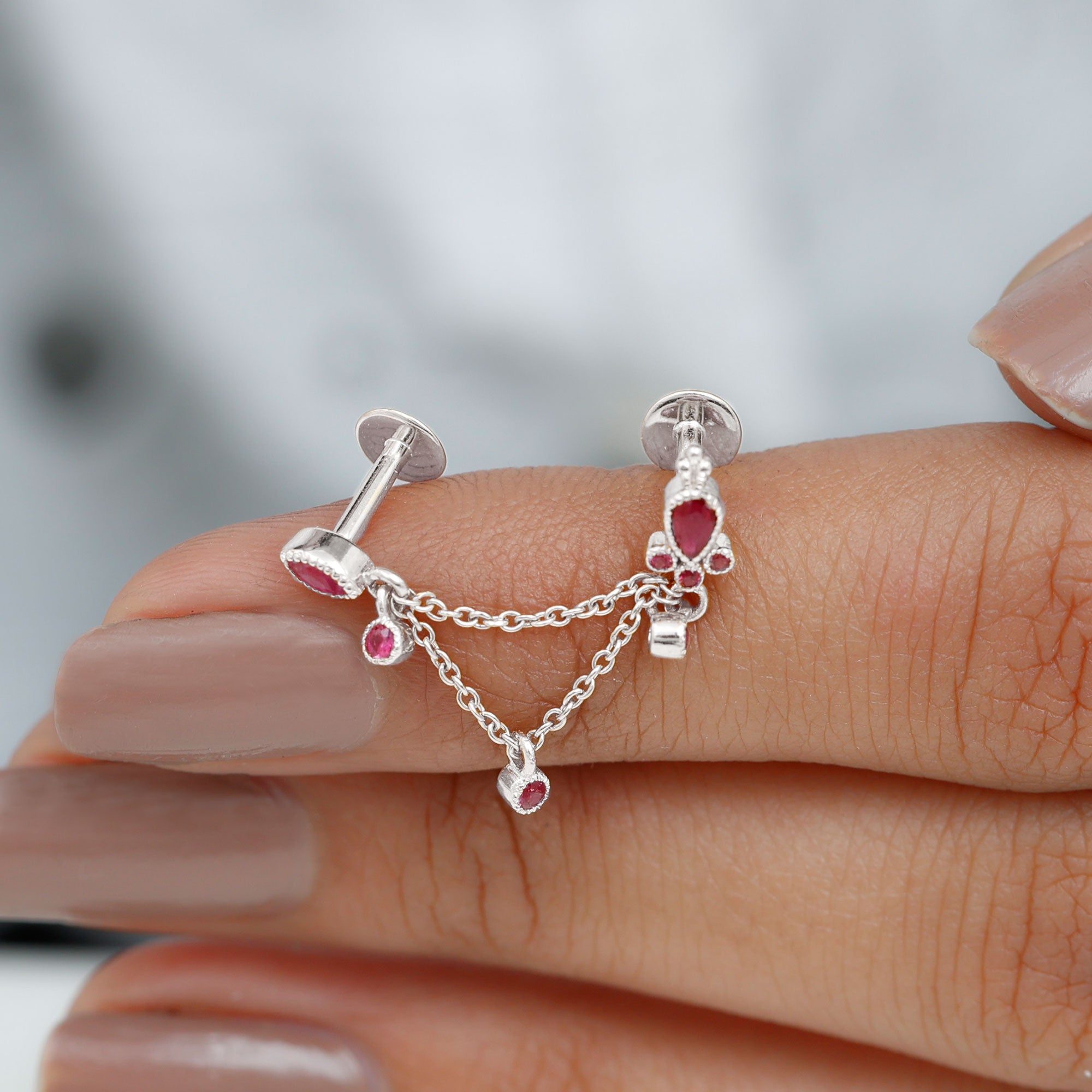 Rosec Jewels-Natural Red Ruby Double Piercing Earring with Dangling Chain