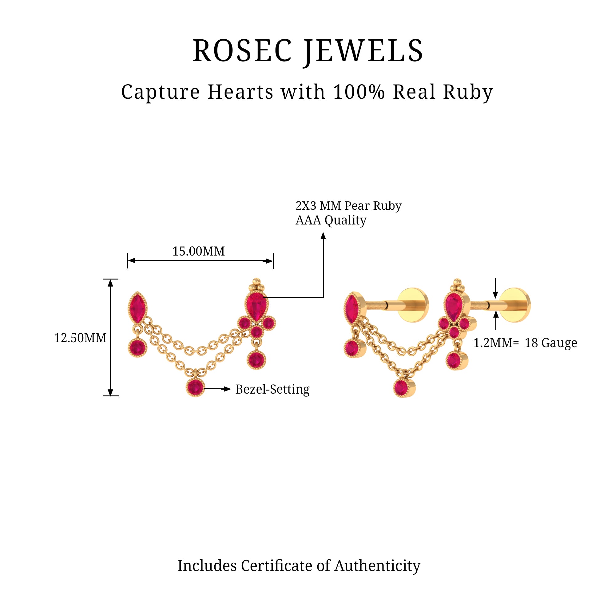 Rosec Jewels-Natural Red Ruby Double Piercing Earring with Dangling Chain